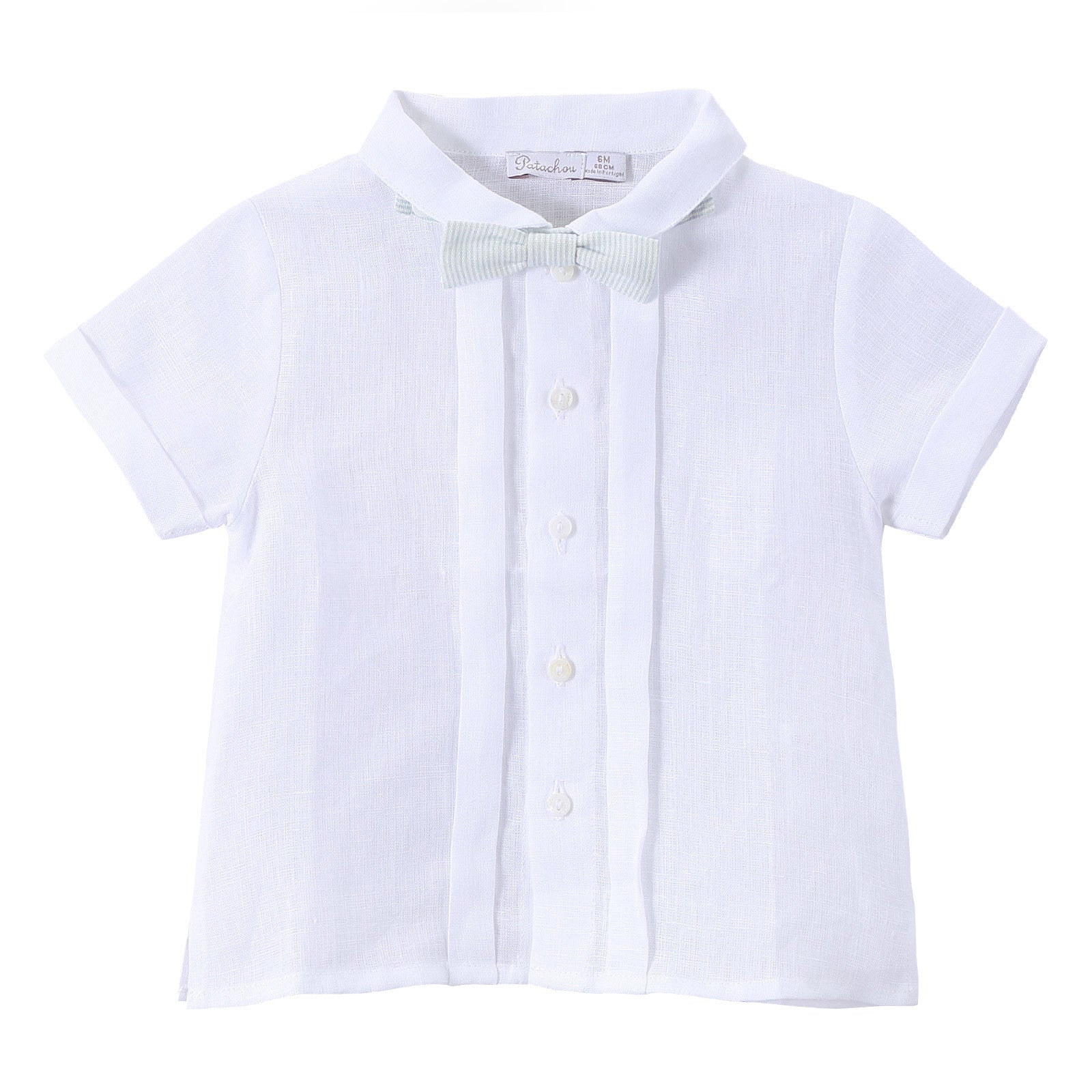 Baby Boys White Linen Shirt With Striped Bow - CÉMAROSE | Children's Fashion Store - 1