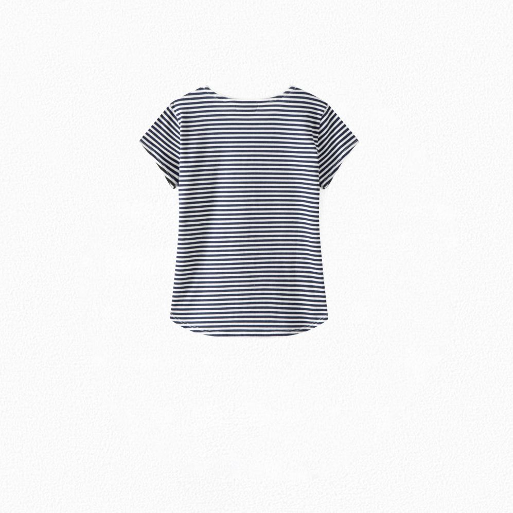 Girls Navy Stripe Logo Cotton T-Shirt