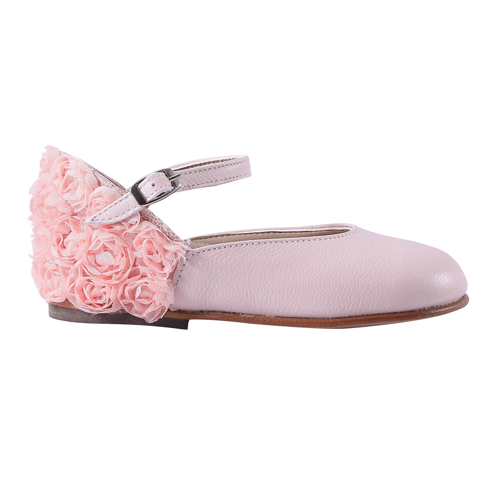 Girls Pink Chiffon Flowers Embellished Heel Leather Ballerinas - CÉMAROSE | Children's Fashion Store - 2