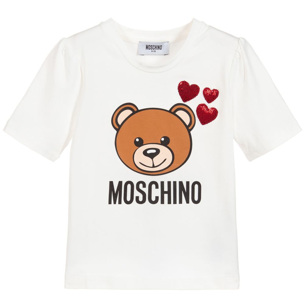 Girls White Teddy Cotton T-Shirt