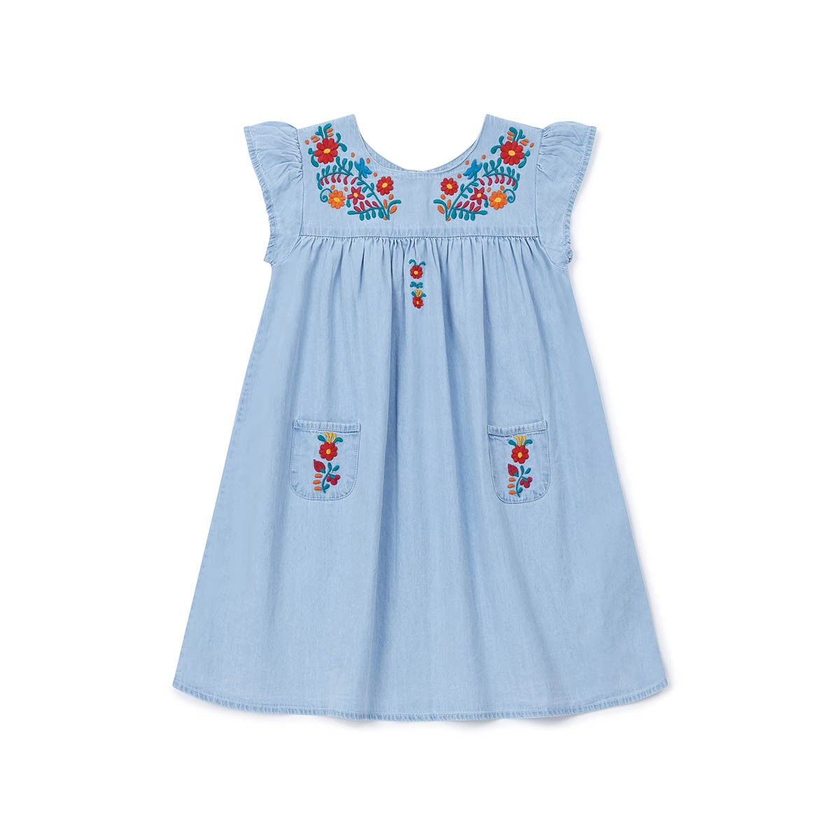 Girls Denim Blue Cotton Embroidered Dress