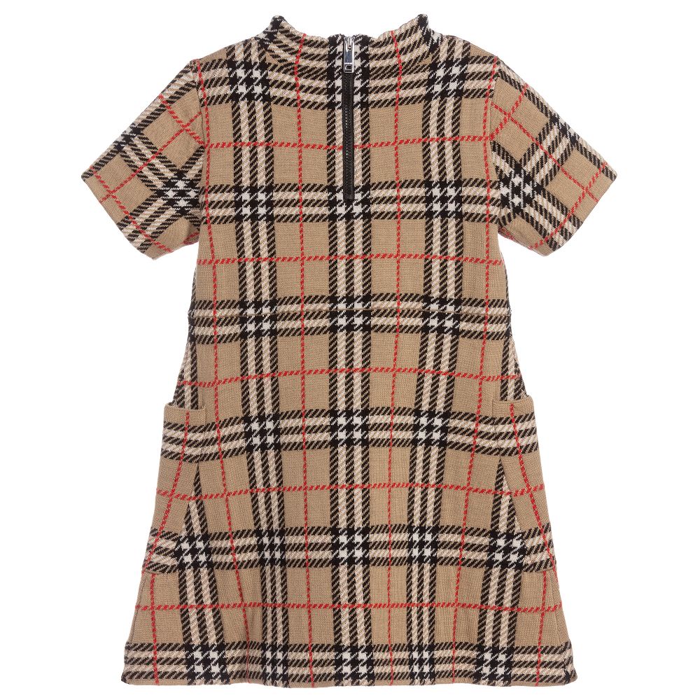 Girls Beige Check Wool Dress