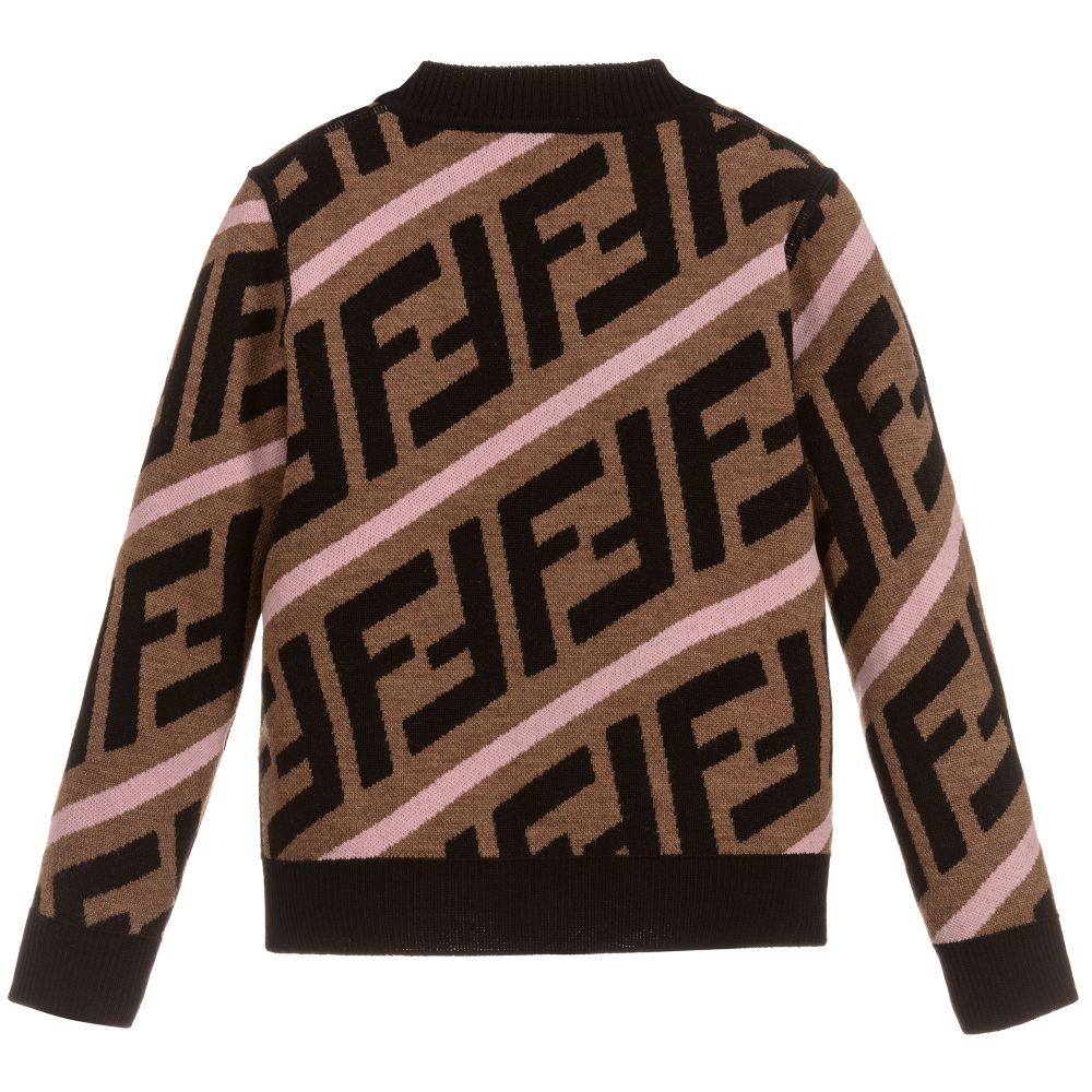 Girls Brown & Pink Logo Wool Cardigan