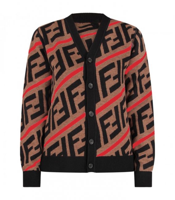 Girls Brown & Red Logo Wool Cardigan