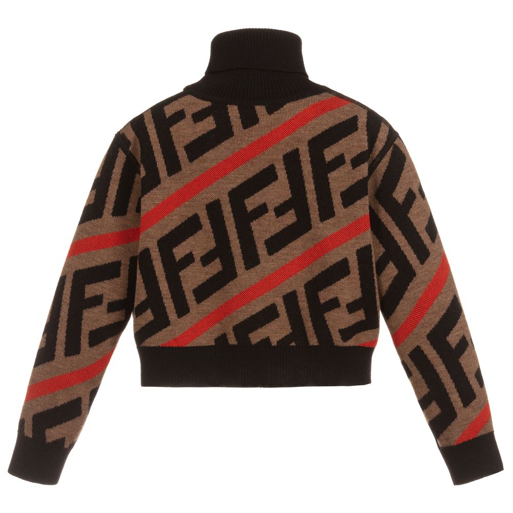Girls Brown & Red Wool Logo Sweater