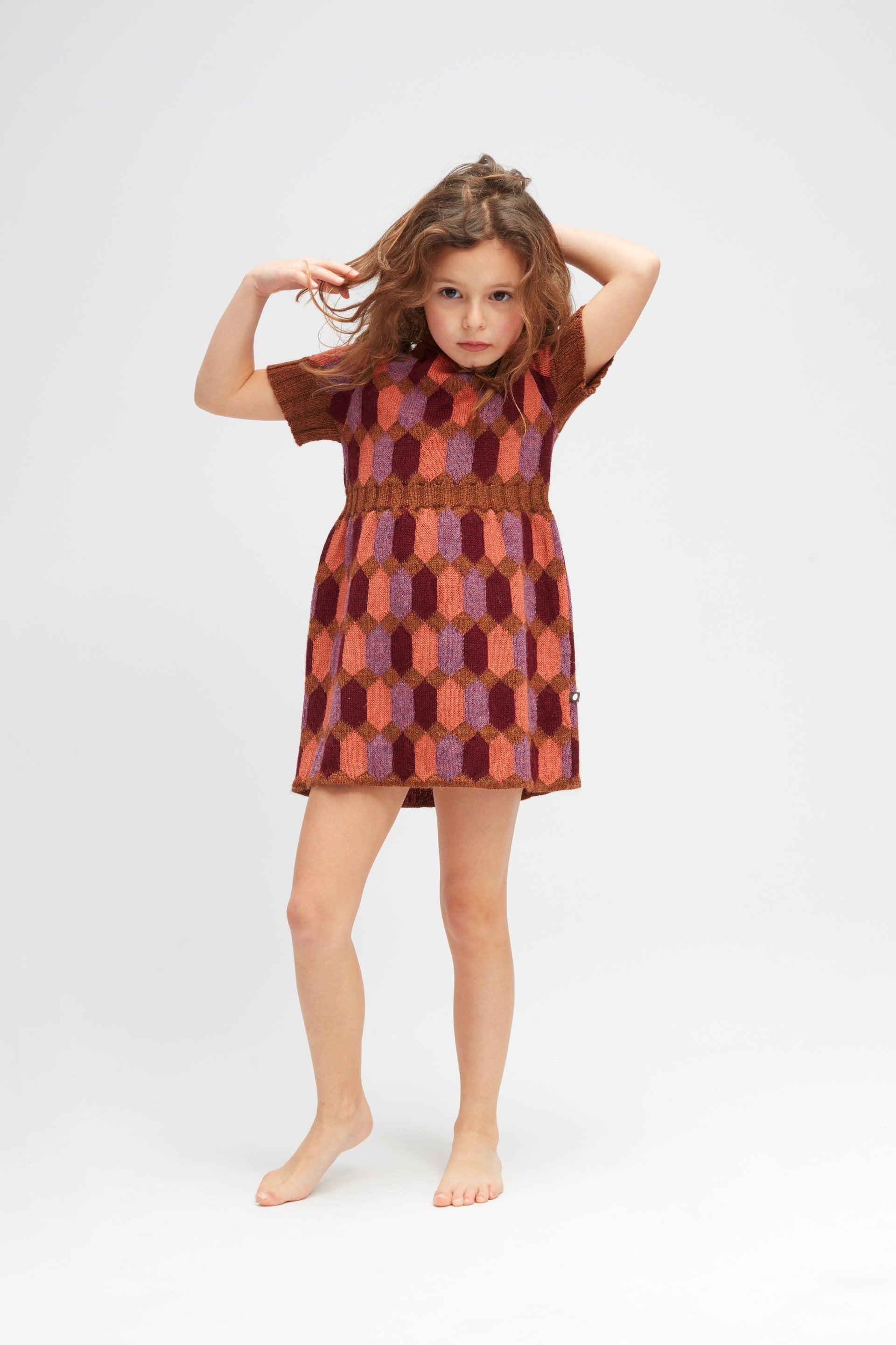 Girls Brown Diamond Pattern Alpaca Dress