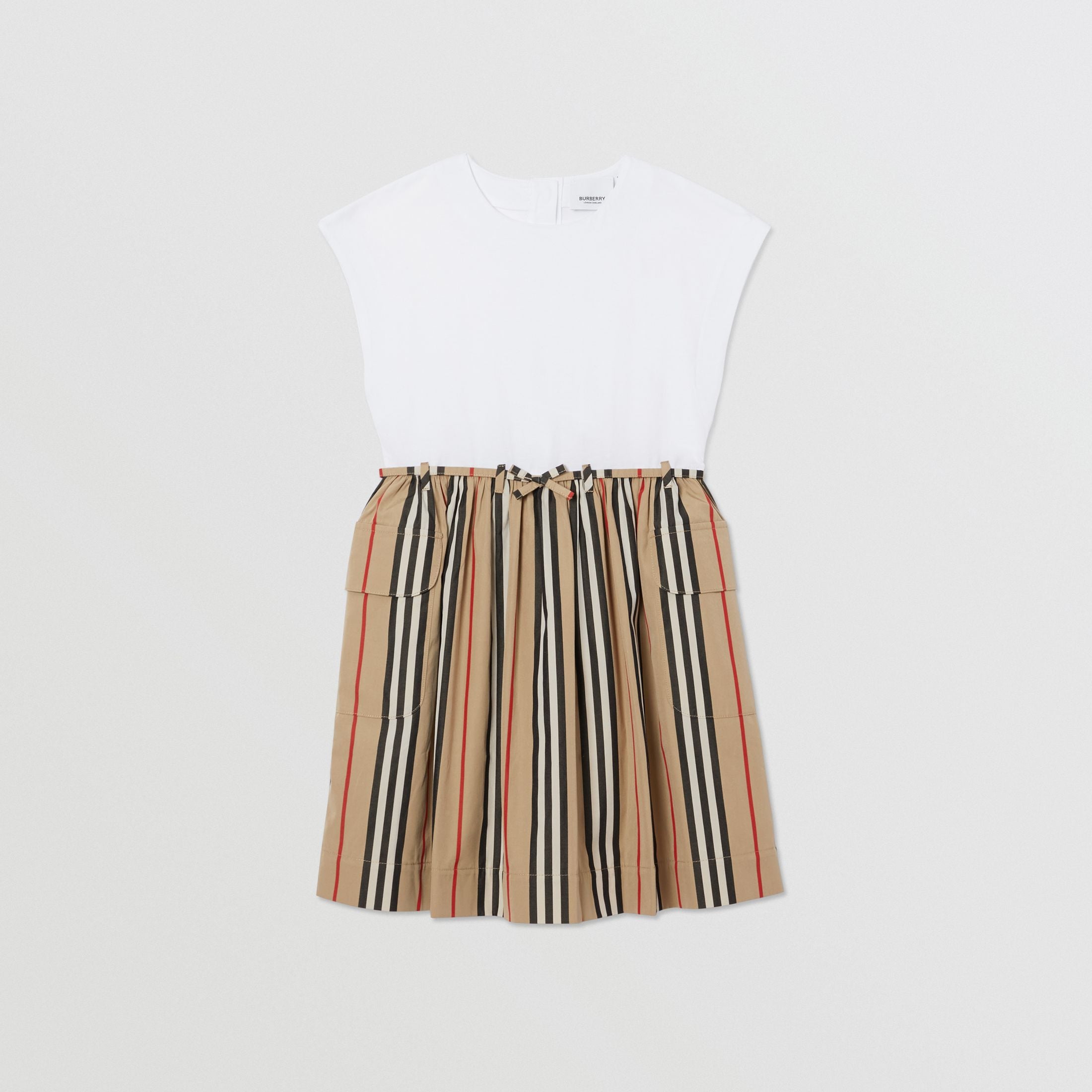 Girls White & Archive Beige Cotton Dress