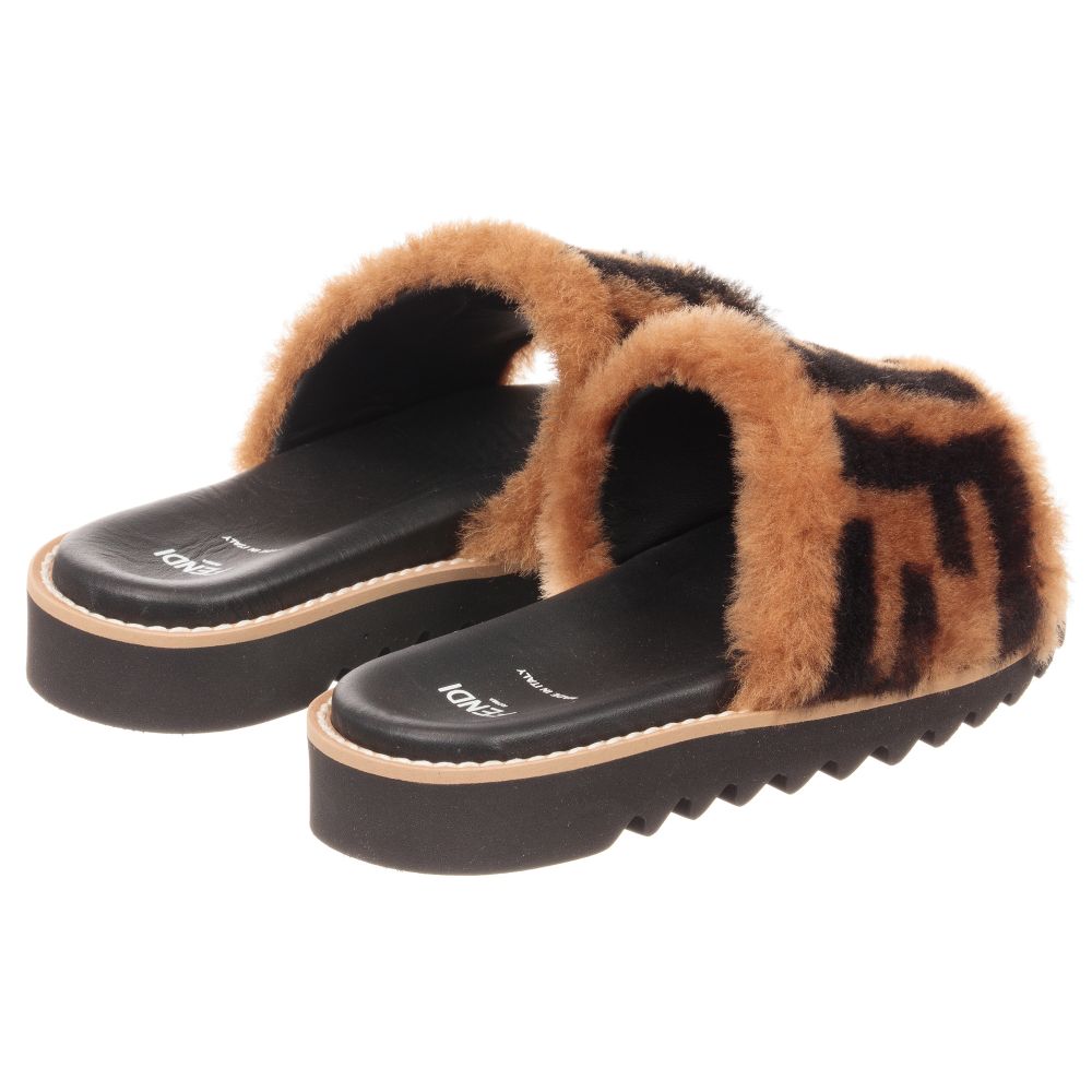 Girls Brown FF Sheepskin Sliders