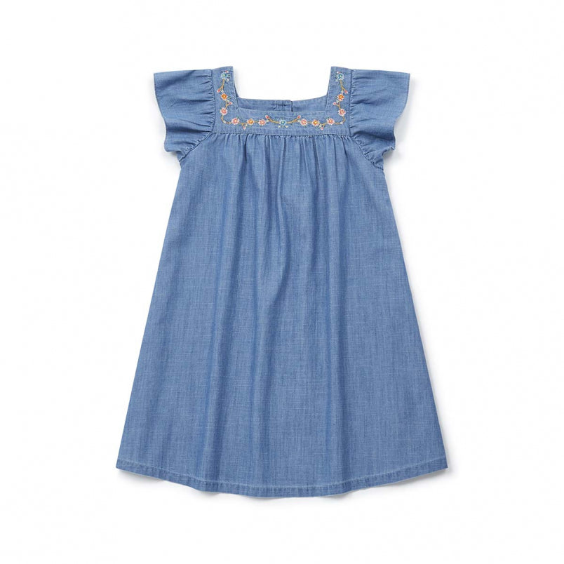 Girls Blue Embroidery Cotton Dress