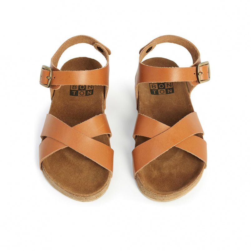 Girls Brown Cross Leather Sandals