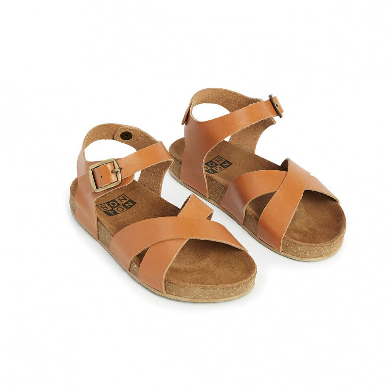 Girls Brown Cross Leather Sandals