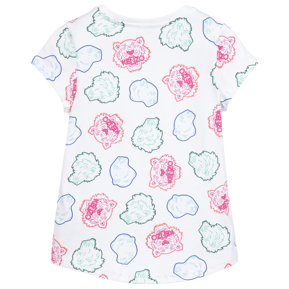 Girls White Pattern Cotton T-shirt