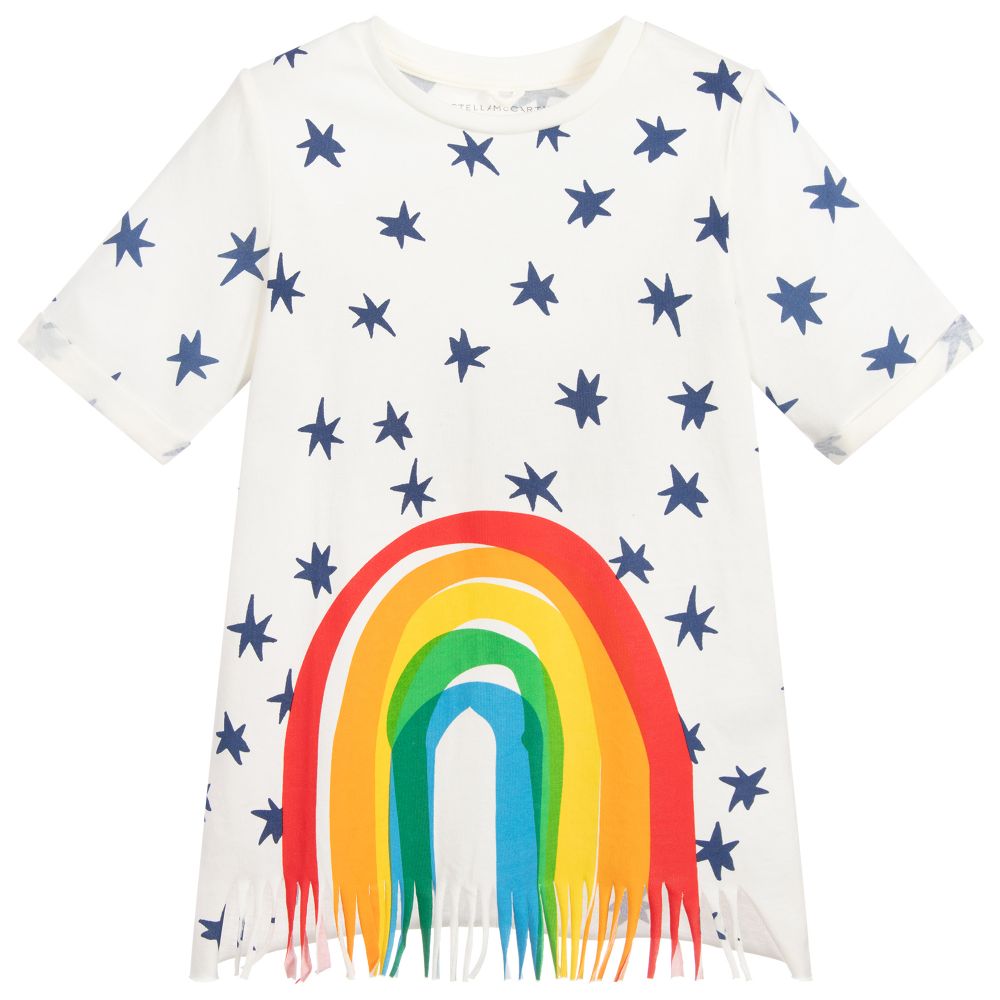 Girls White Rainbow Stripe Cotton Dress
