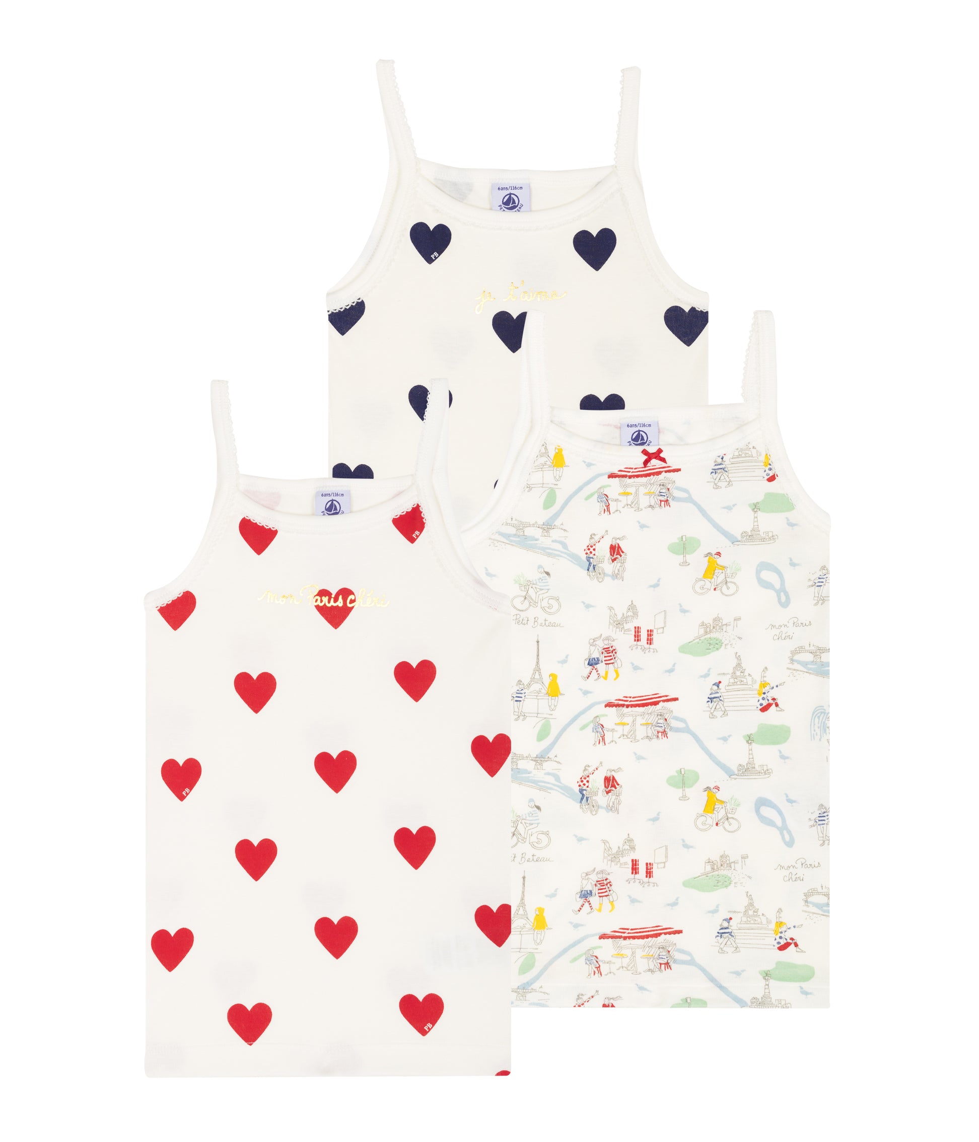 Girls White Heart Cotton Vest (3 pieces)