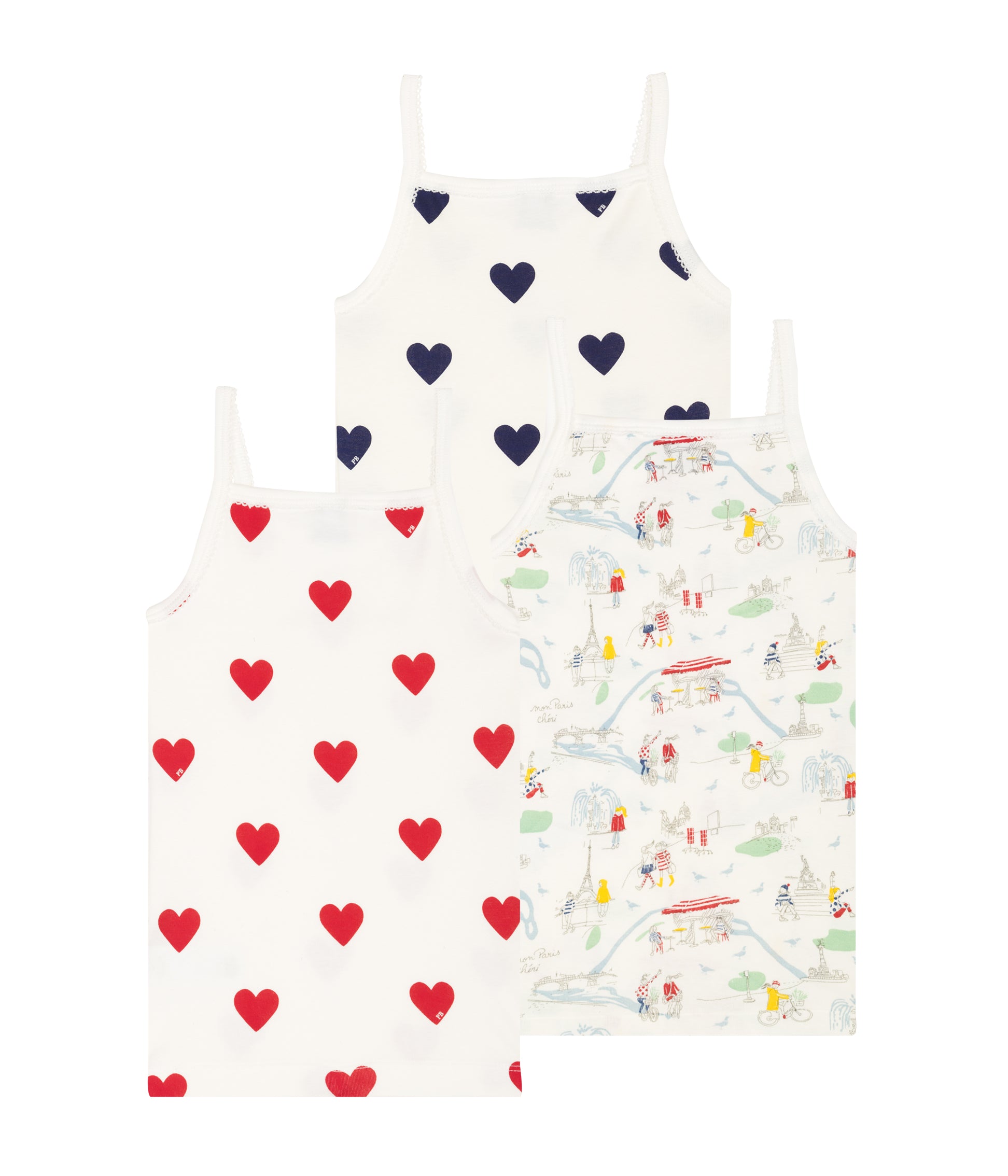 Girls White Heart Cotton Vest (3 pieces)