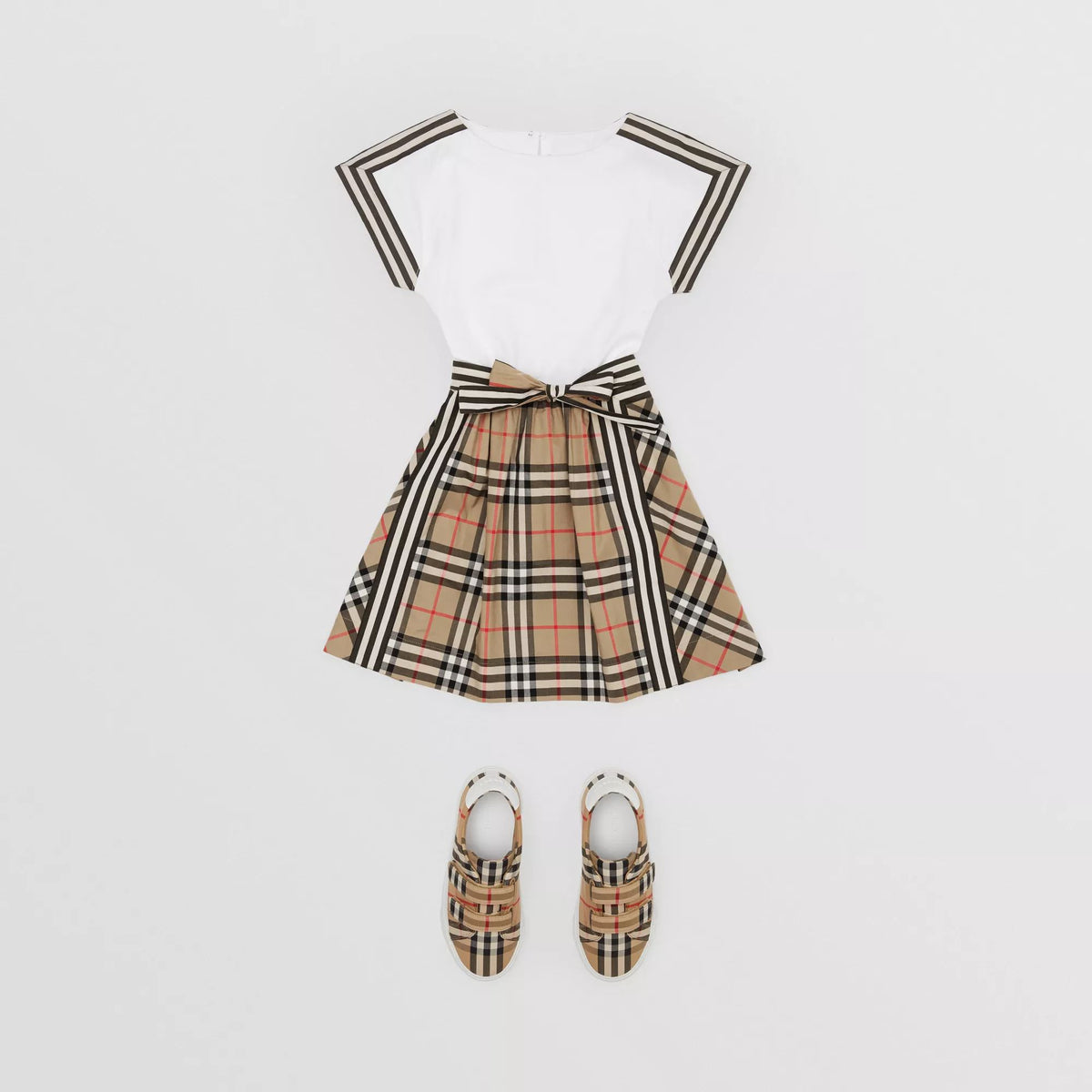 Robe à carreaux en coton beige et blanc pour filles