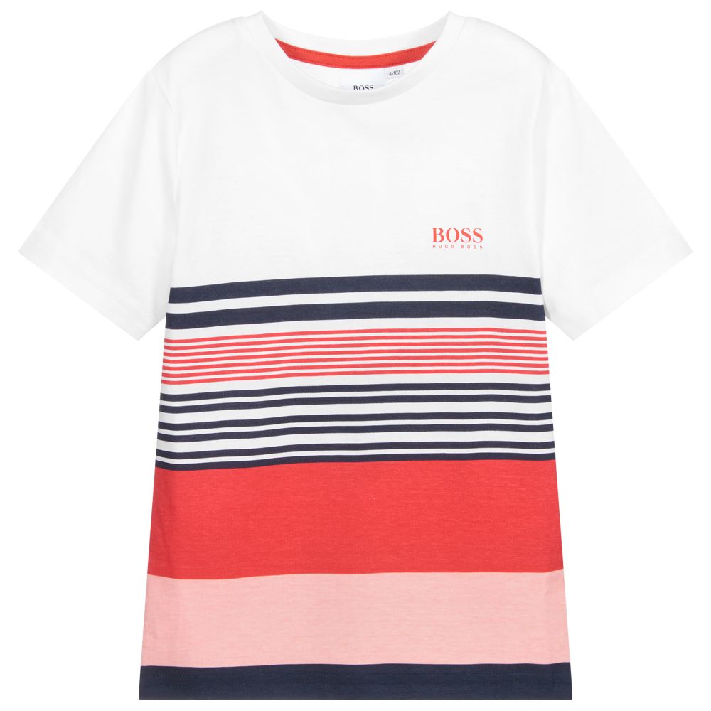 Boys White & Red Stripes Cotton T-Shirt