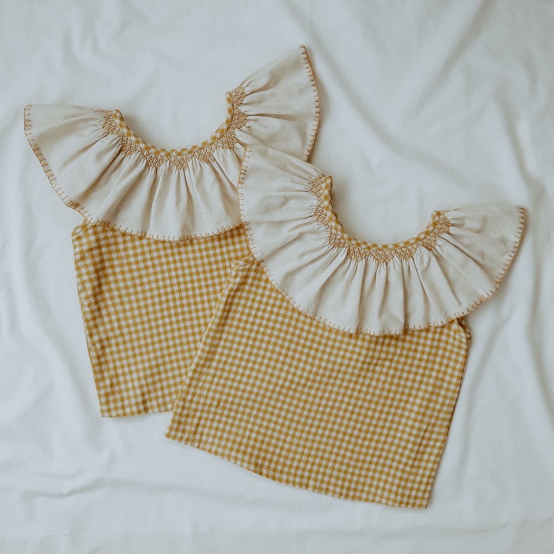 Girls Yellow Check Ruffle Cotton Blouse