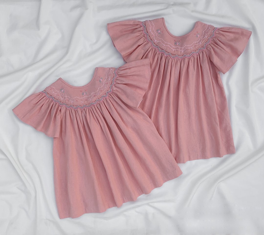 Girls Pink Embroidered Linen Dress