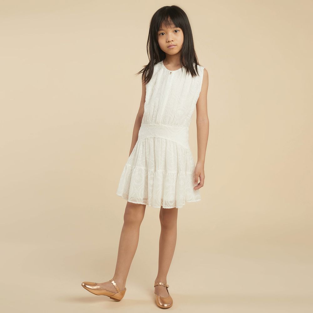 Girls White Embroidered Silk Dress