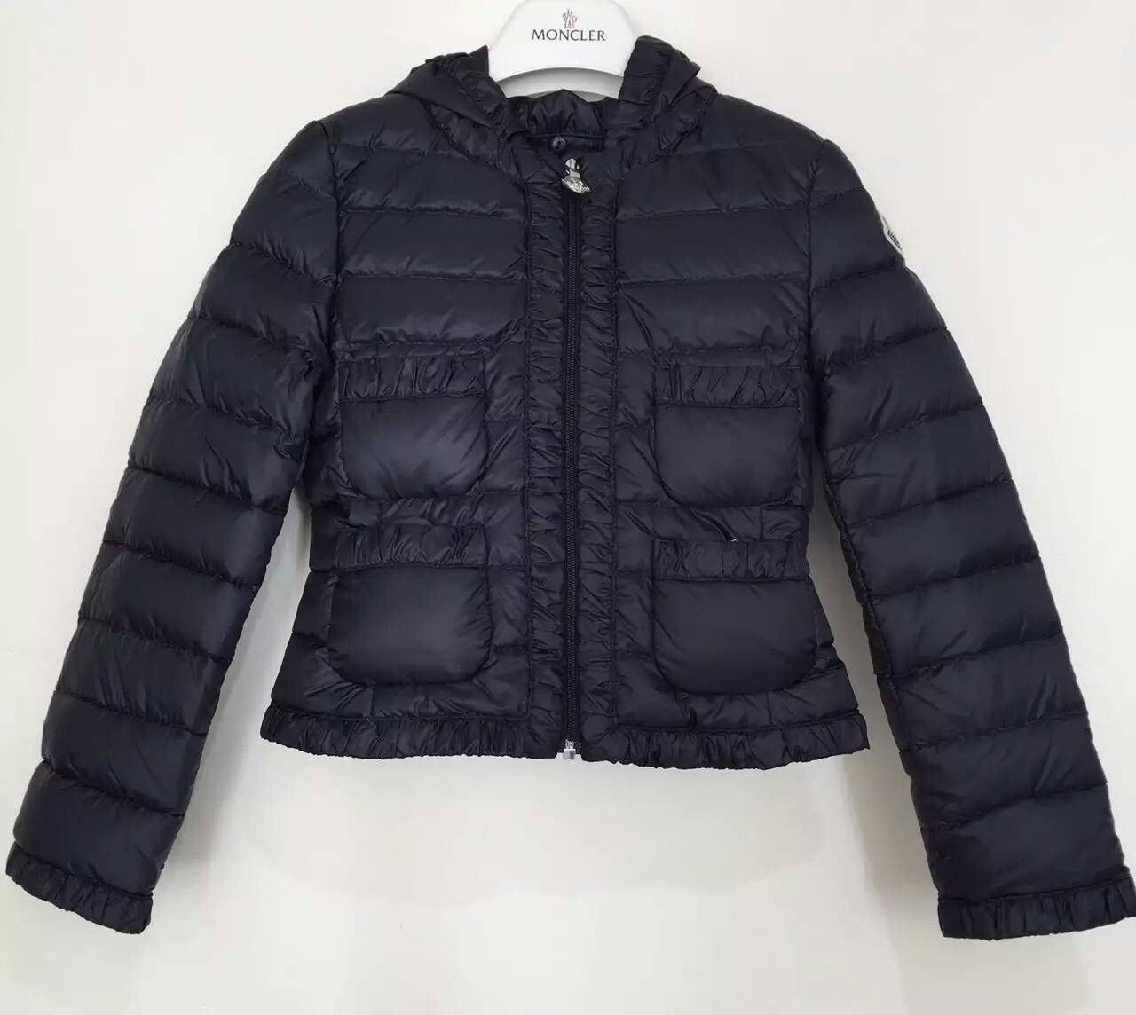 Girls Navy Blue Down Padded Hooded 'Flavienne' Jacket With Frilly Cuffs - CÉMAROSE | Children's Fashion Store - 1