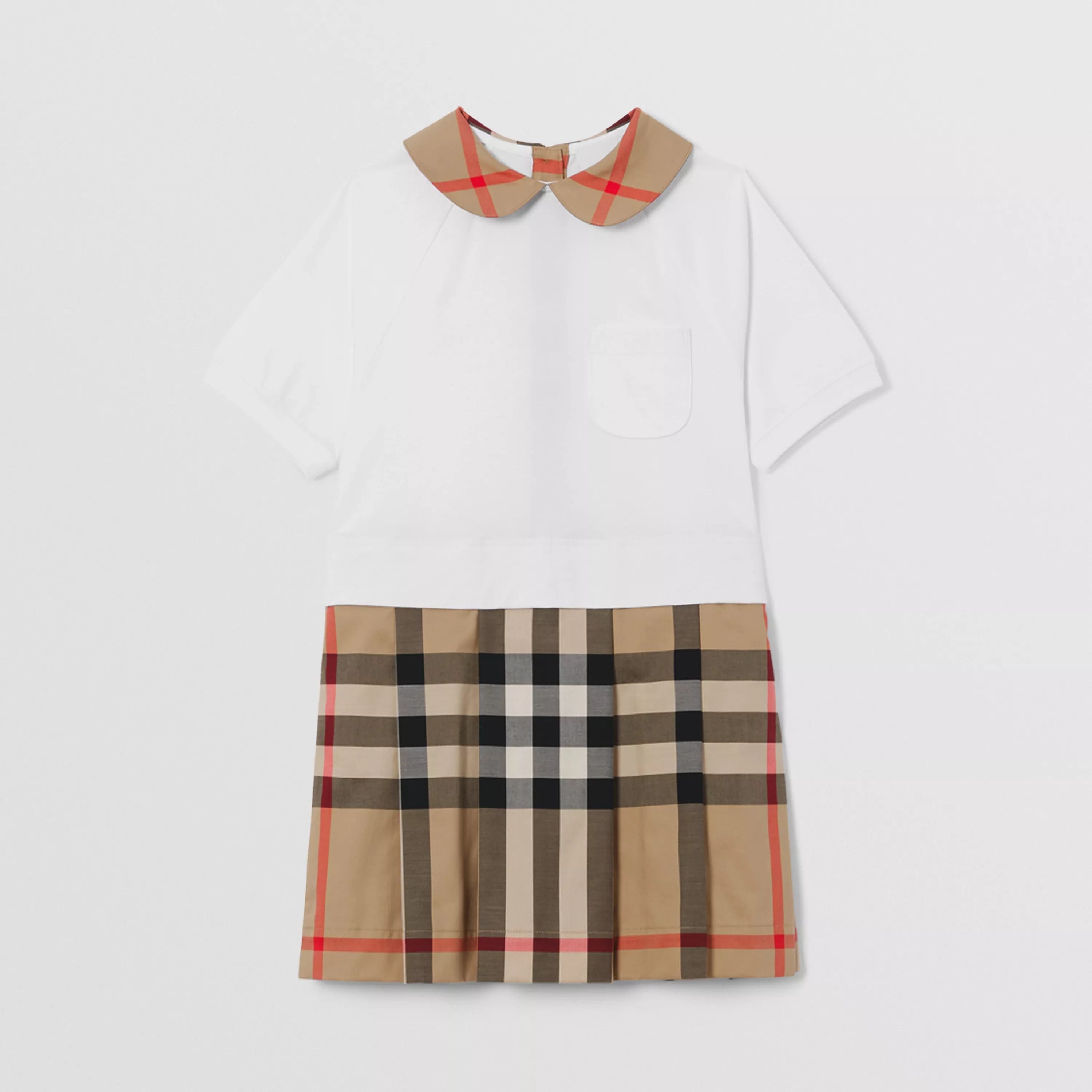 Girls White & Beige Check Cotton Dress