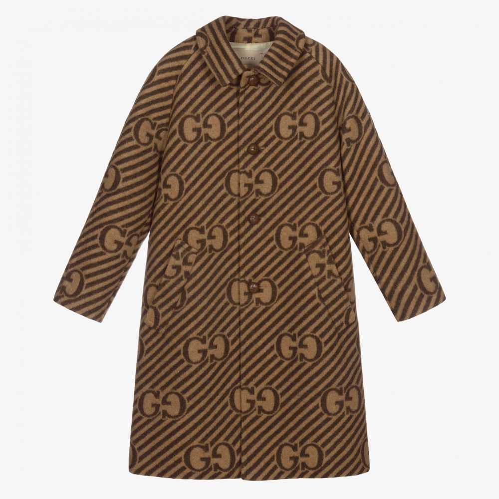 Boys Beige GG Wool Coat