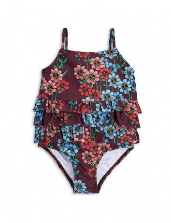 Girls Dark Red Flowers Printed Swimsuit