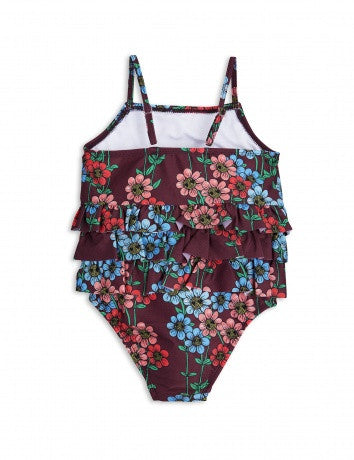 Girls Dark Red Flowers Printed Swimsuit