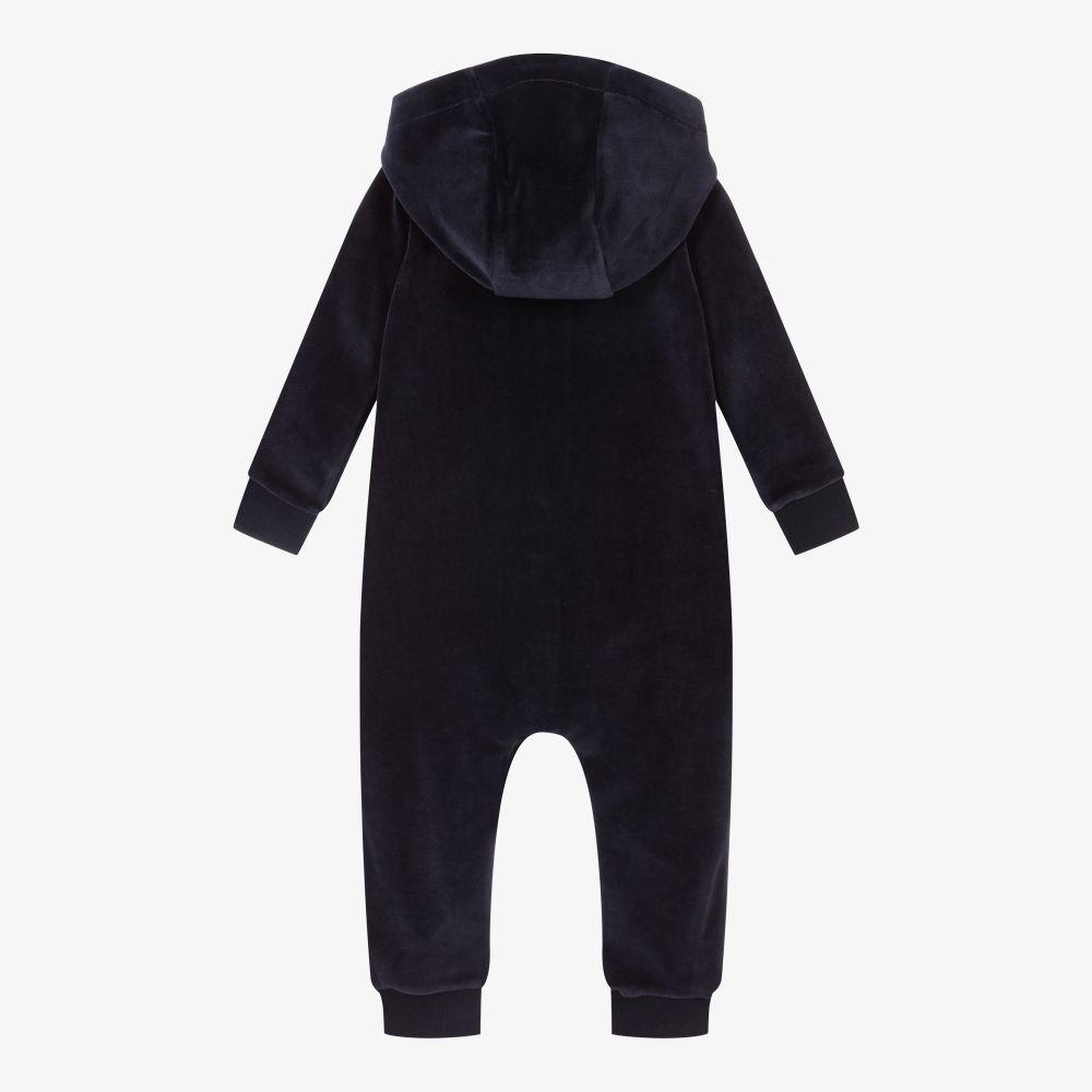 Baby Boys Navy Velour Logo Babysuit