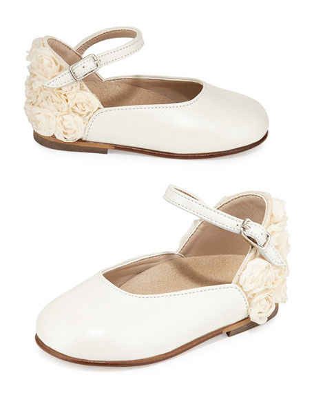 Girls Ivory Chiffon Flowers Embellished Heel Leather Ballerinas - CÉMAROSE | Children's Fashion Store
