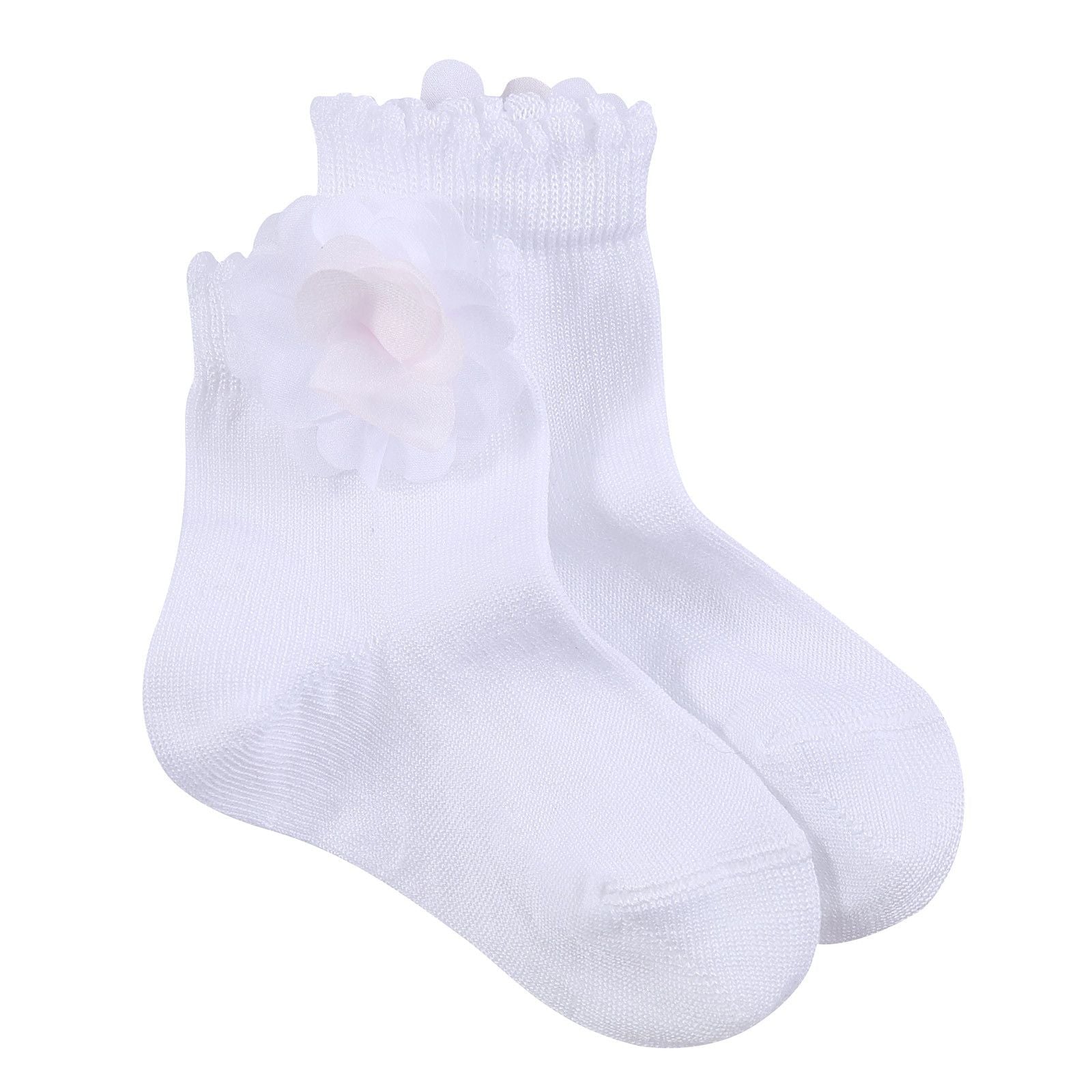 Girls White Cotton Short Socks With Patch Flower Trims - CÉMAROSE | Children's Fashion Store
