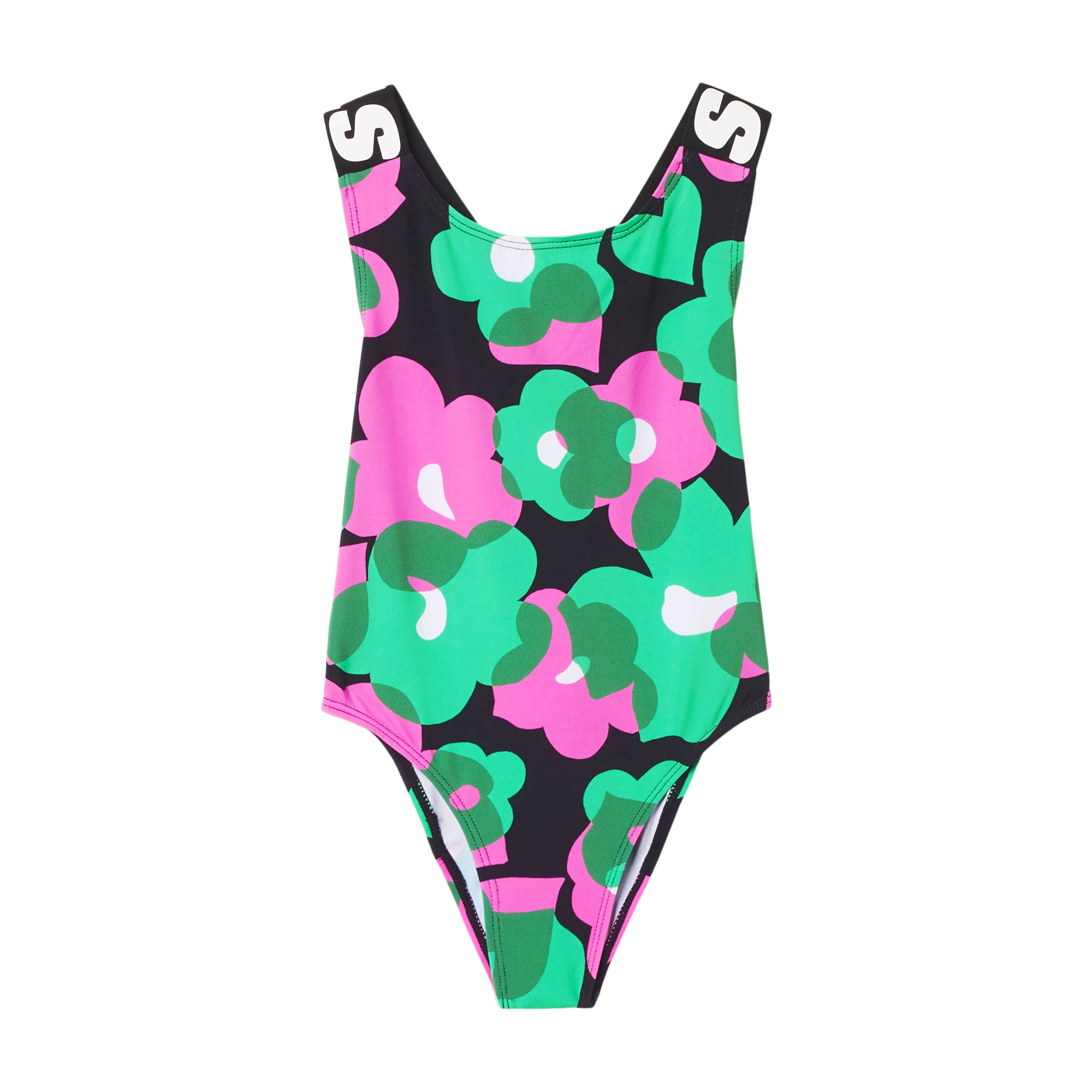 Girls Black Flowers Sport Swimsuit