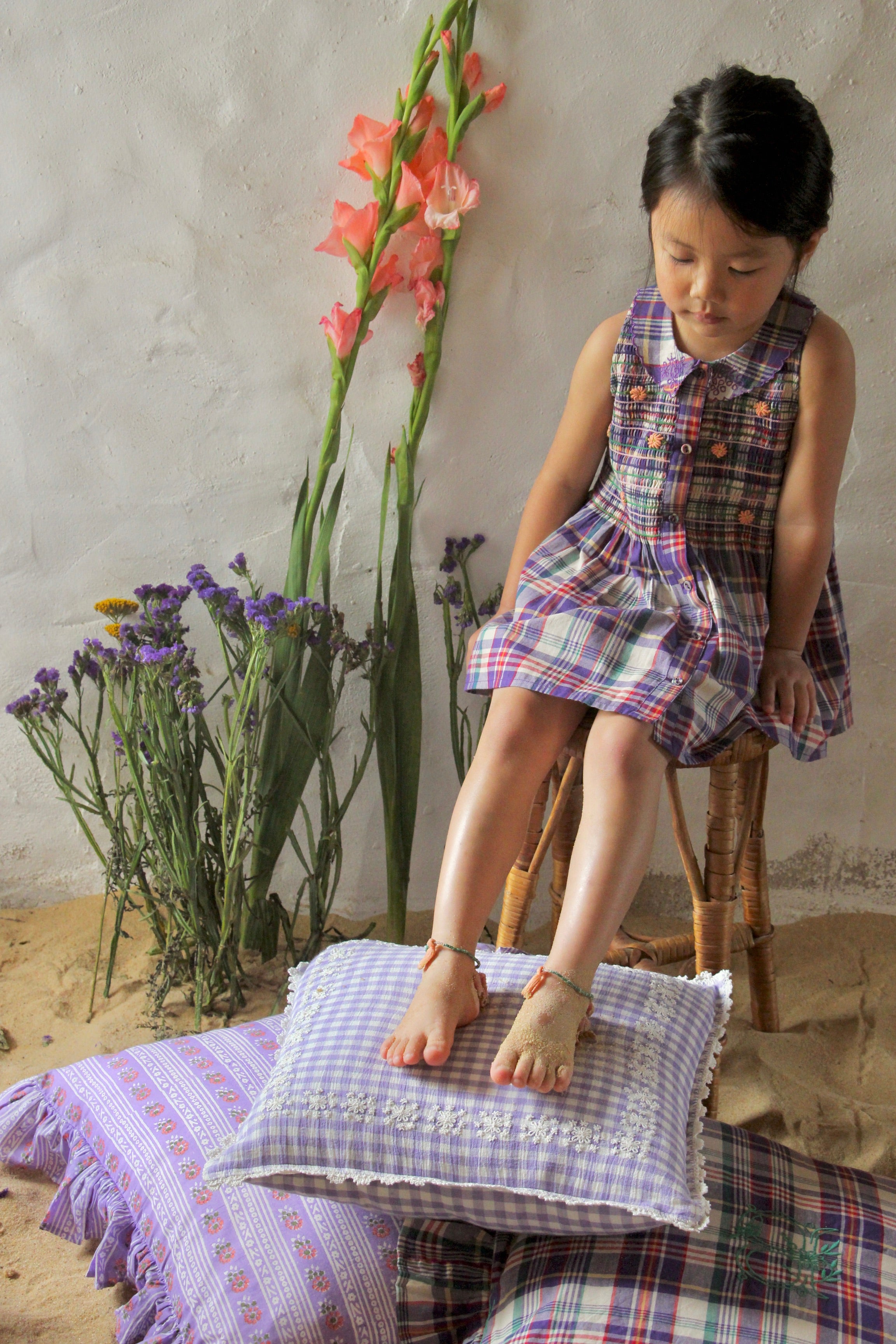 Girls Purple Check Embroidery Top