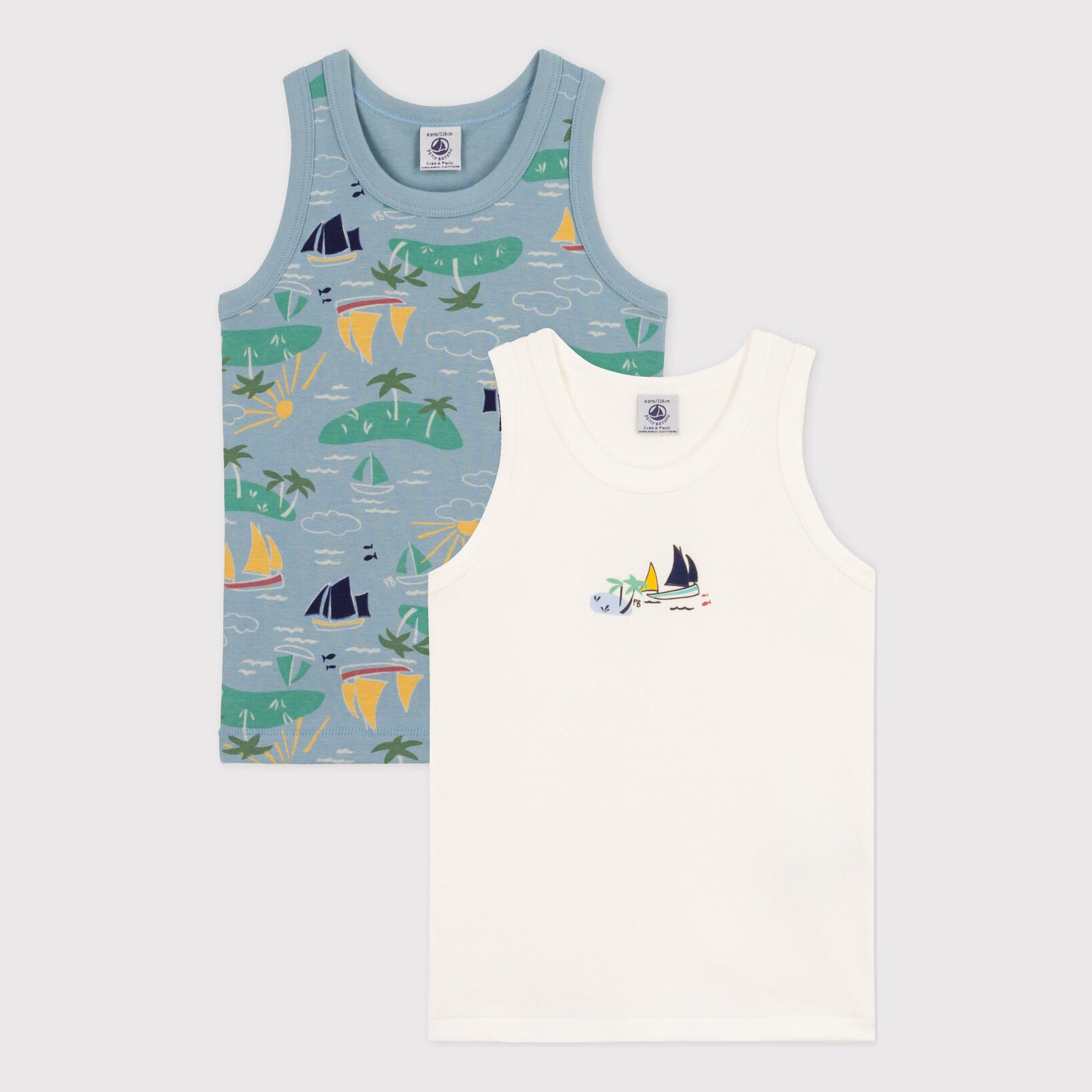 Boys White Printed Cotton Vest Set(2 Pack)