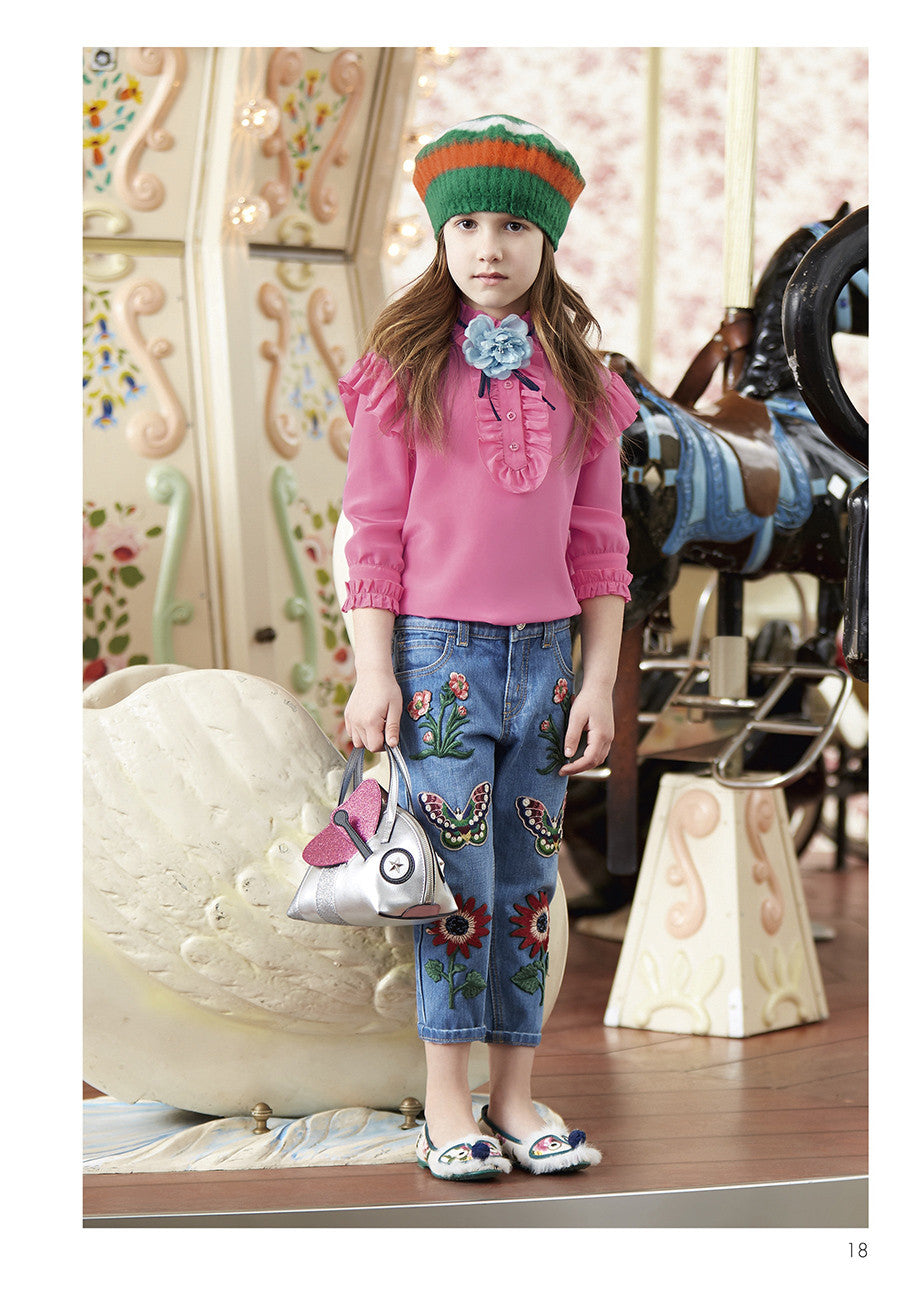 Girls Pink Ruffled Blouse With Sky Blue Flower Trims - CÉMAROSE | Children's Fashion Store - 3