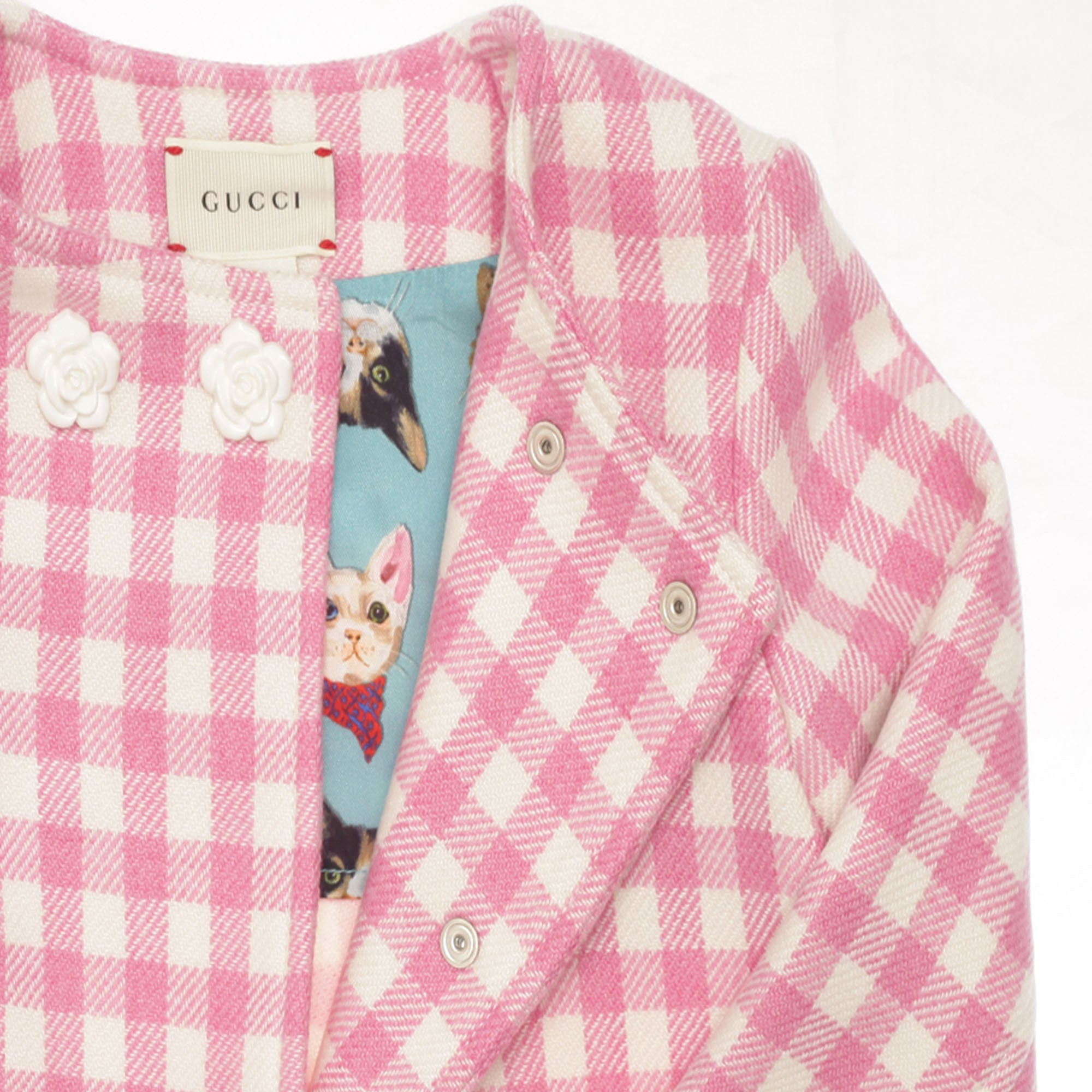 Baby Girls Pink Check Wool Jacket With Patch Trims - CÉMAROSE | Children's Fashion Store - 3