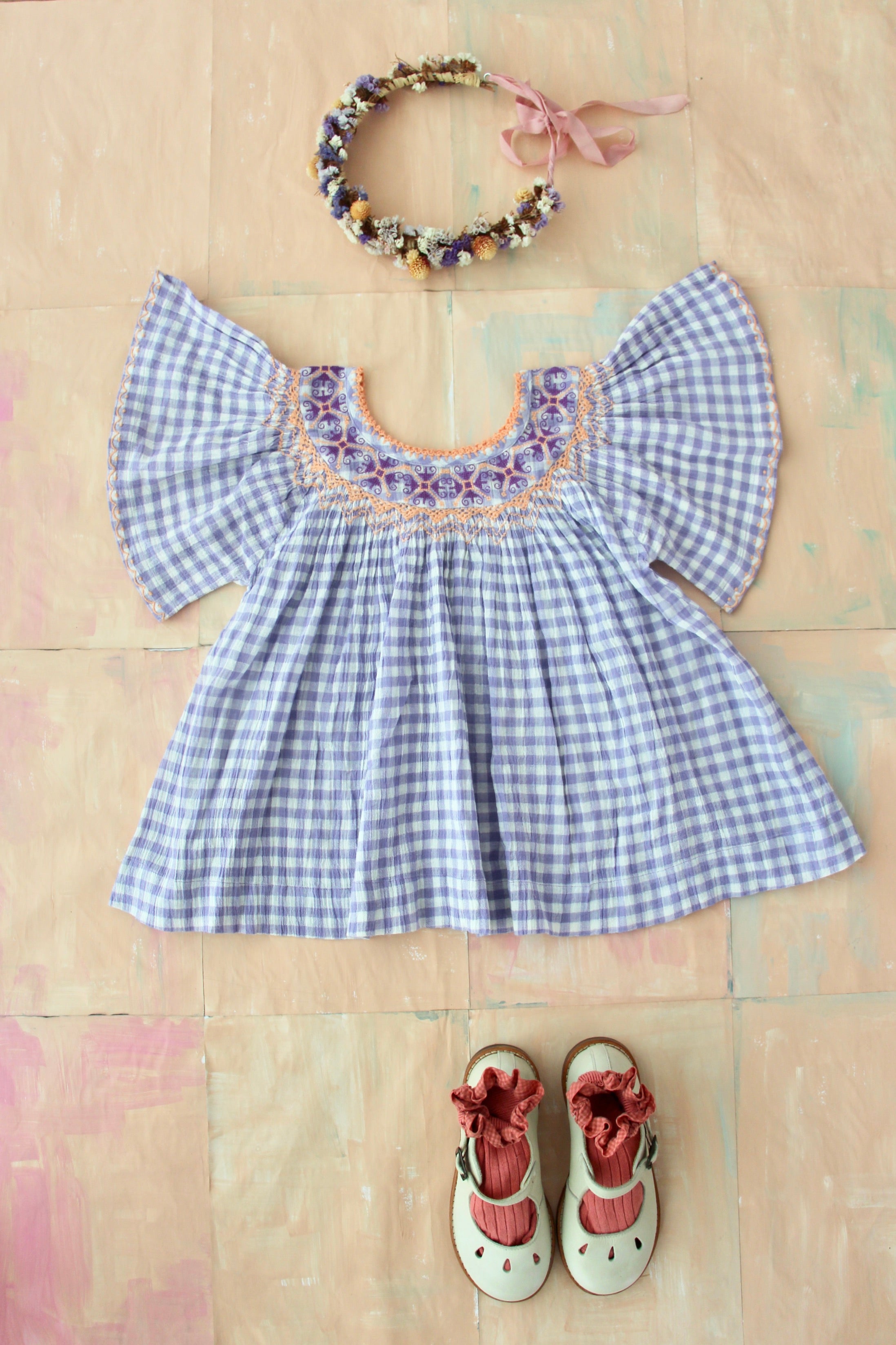 Girls Purple Check Embroidery Dress
