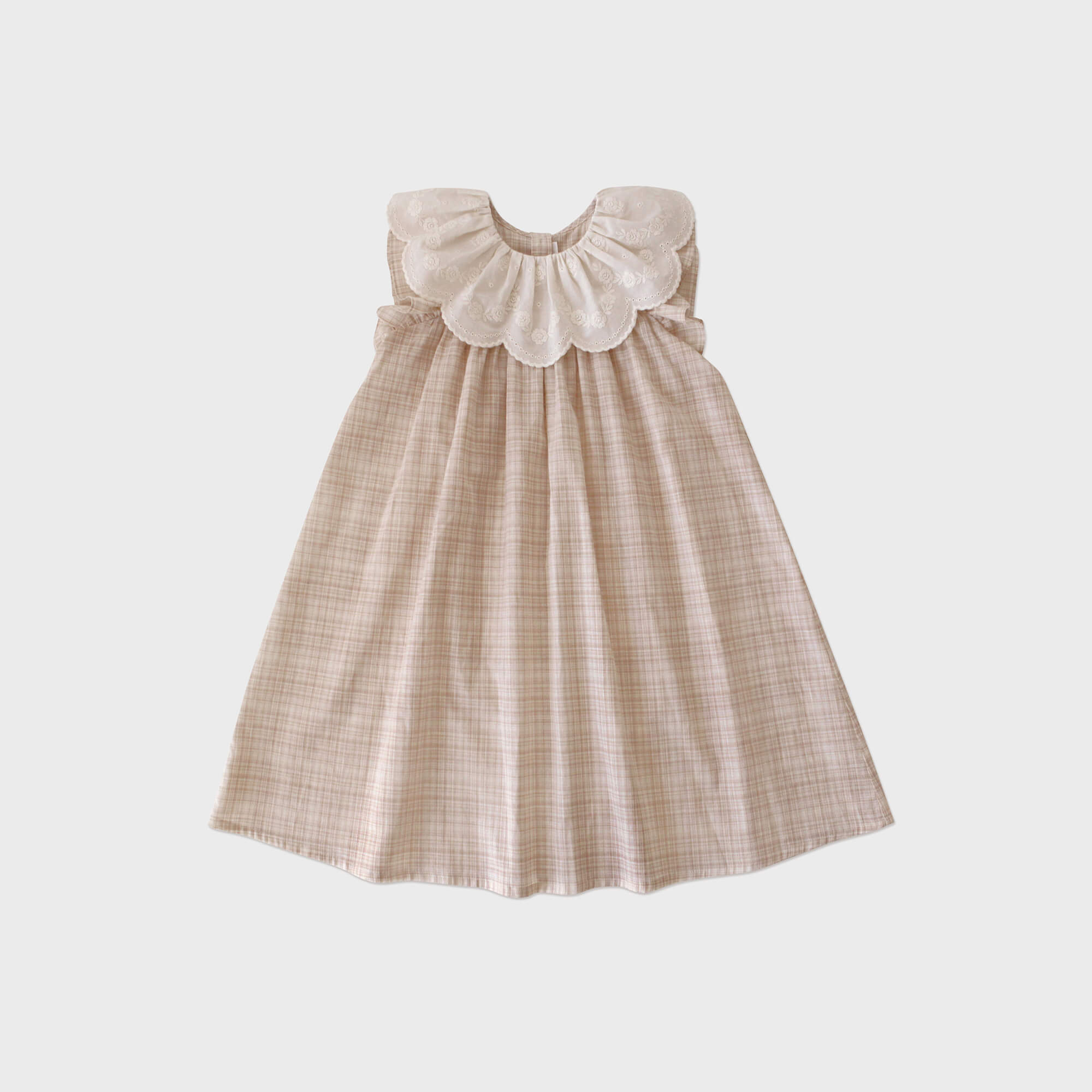 Girls Beige Pink Check Cotton Dress