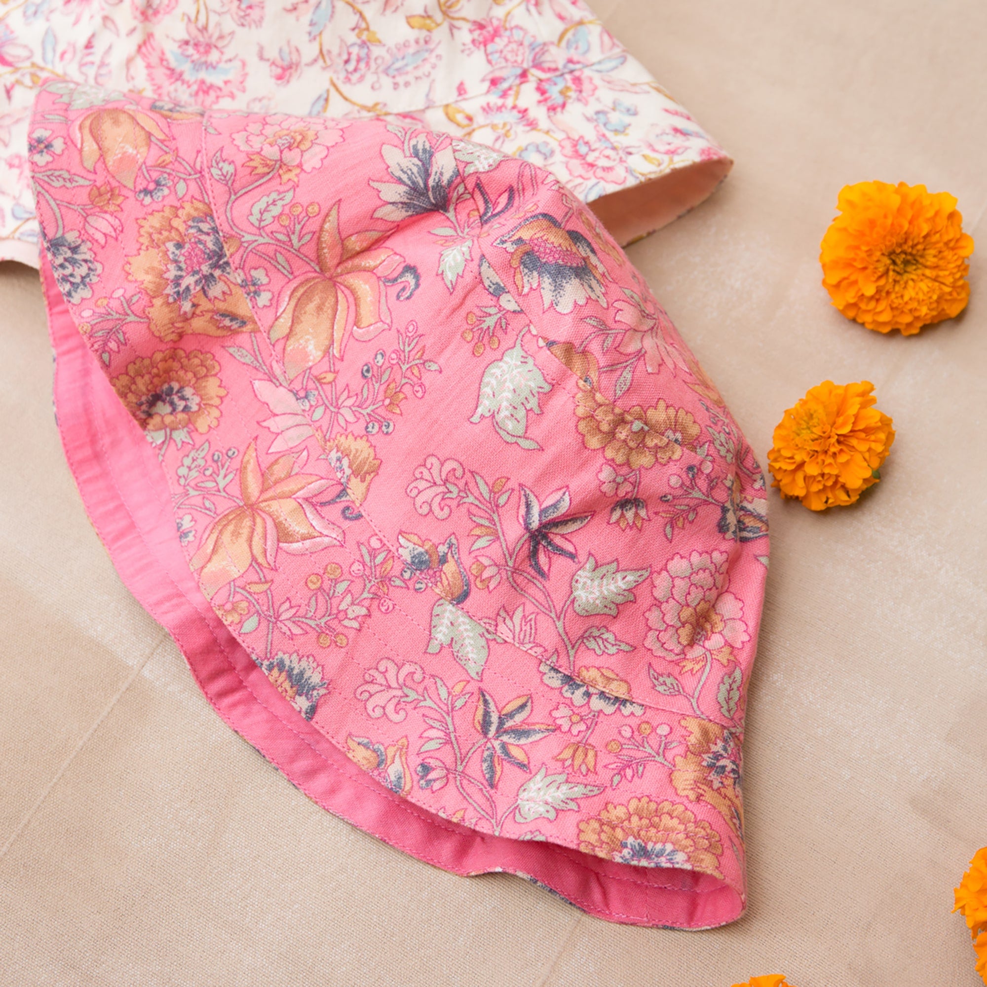 Girls Pink Flower Cotton Hat