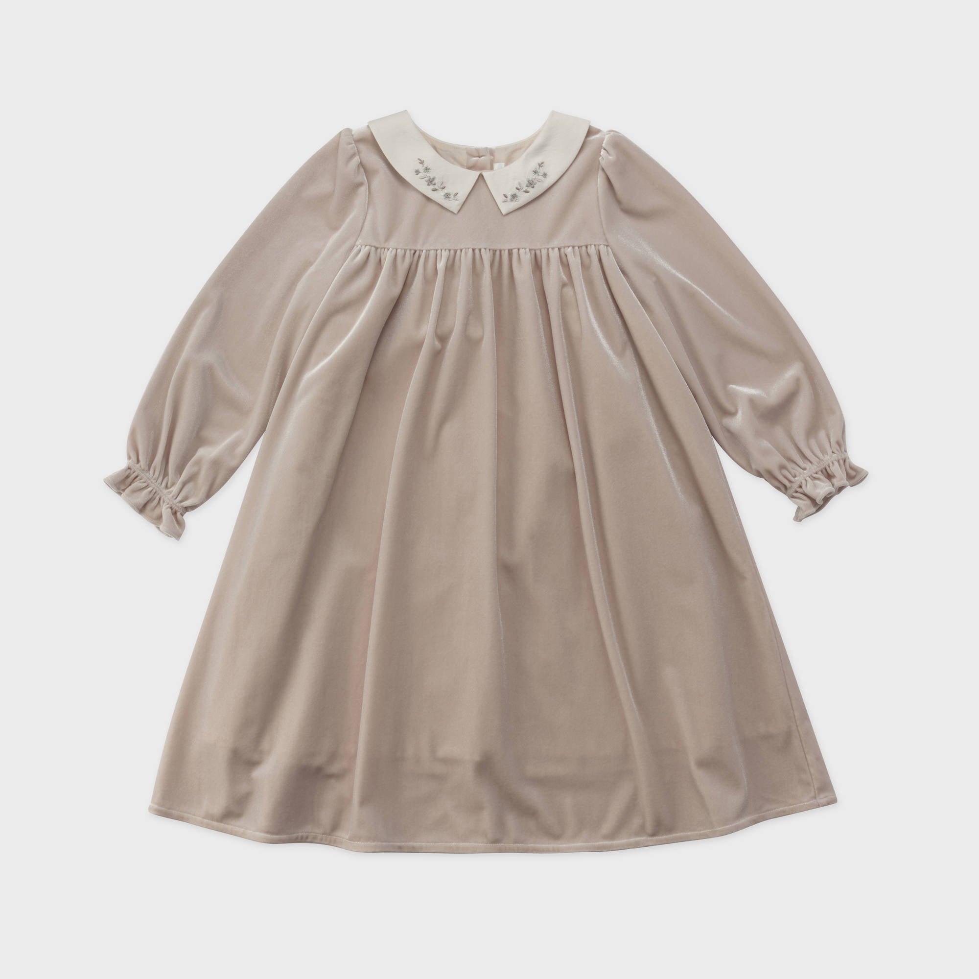 Girls Beige Embroidered Collar Velvet Dress
