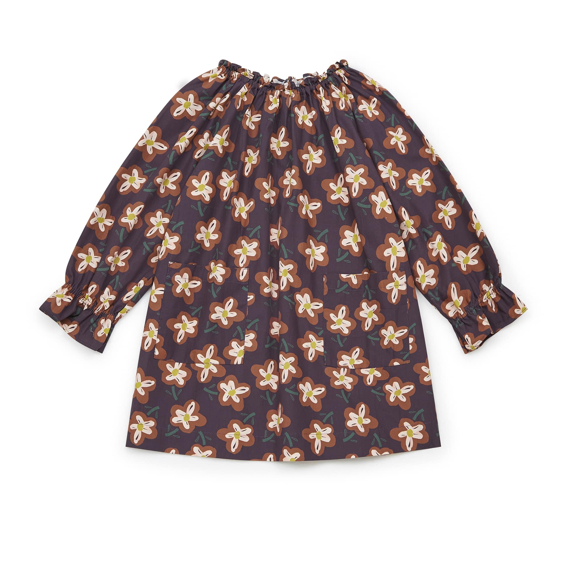 Girls Brown Flowers Printed Cotton Dress