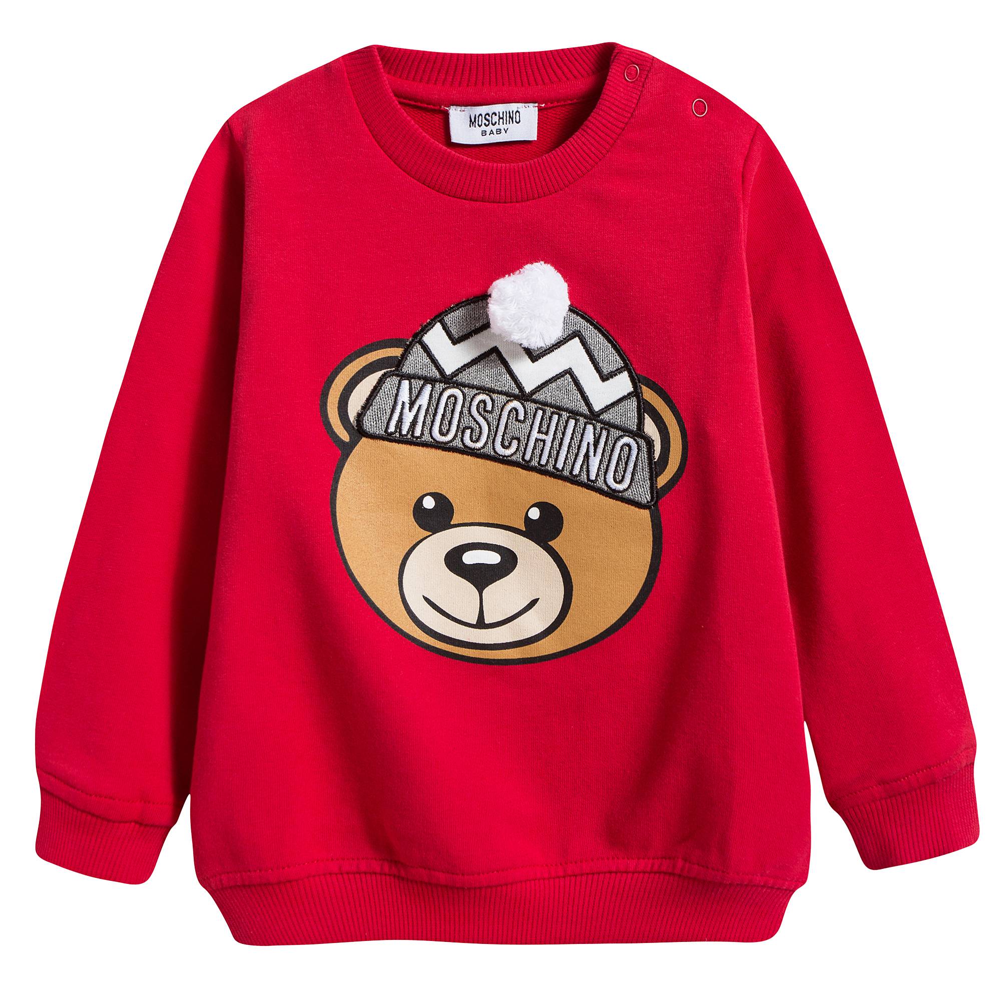 Baby Red Cotton Sweatshirt With Pom-Pom Trim
