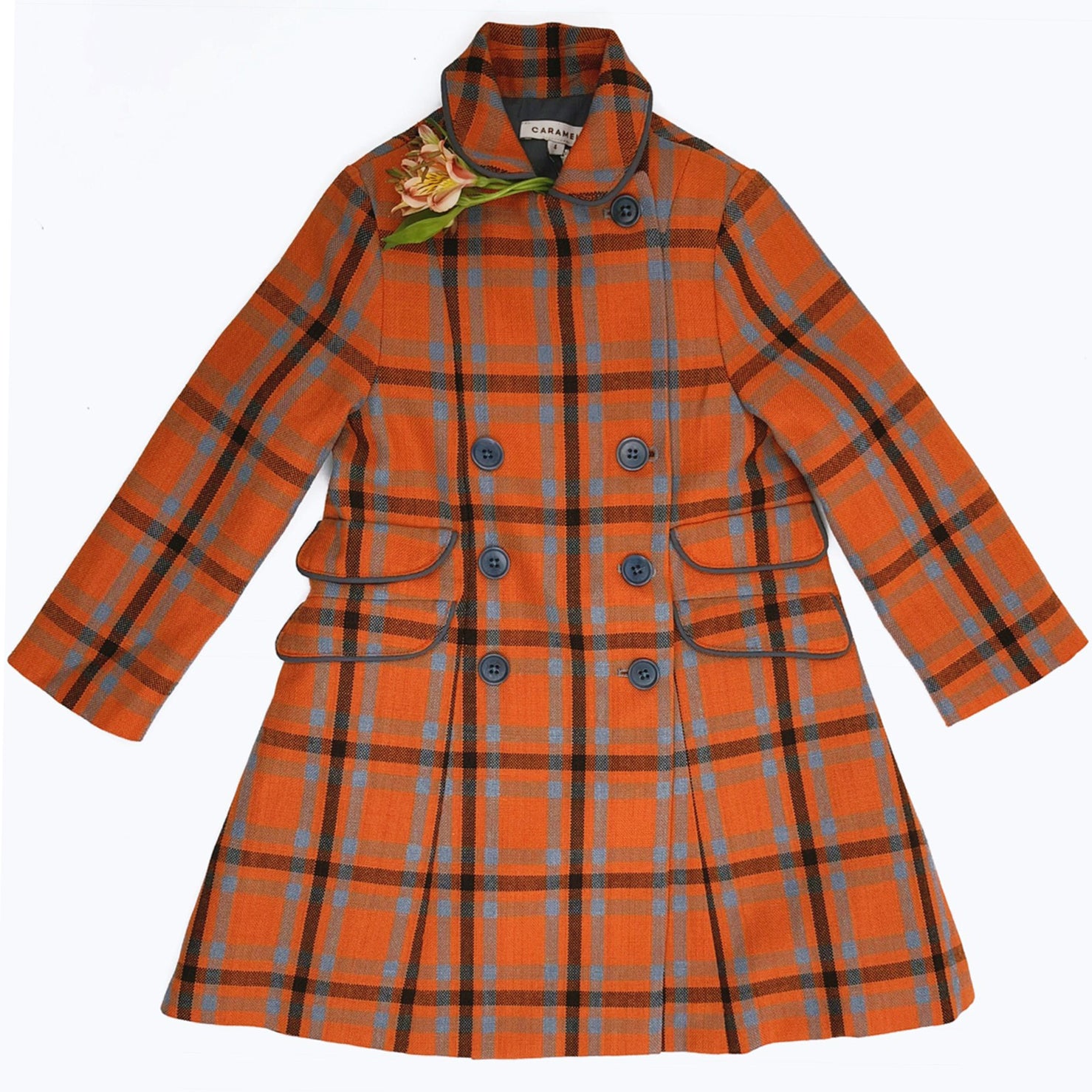Girls Orange Check Cotton Woven Coat