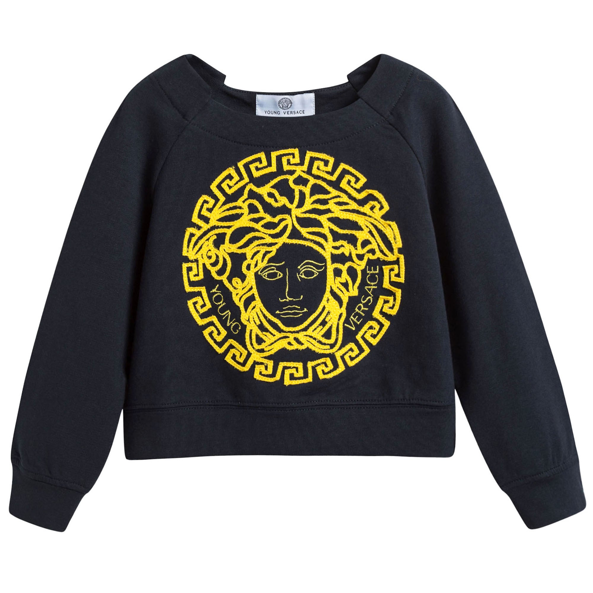 Girls Navy Blue Cotton Sweatshirt With Gold Medusa Logo
