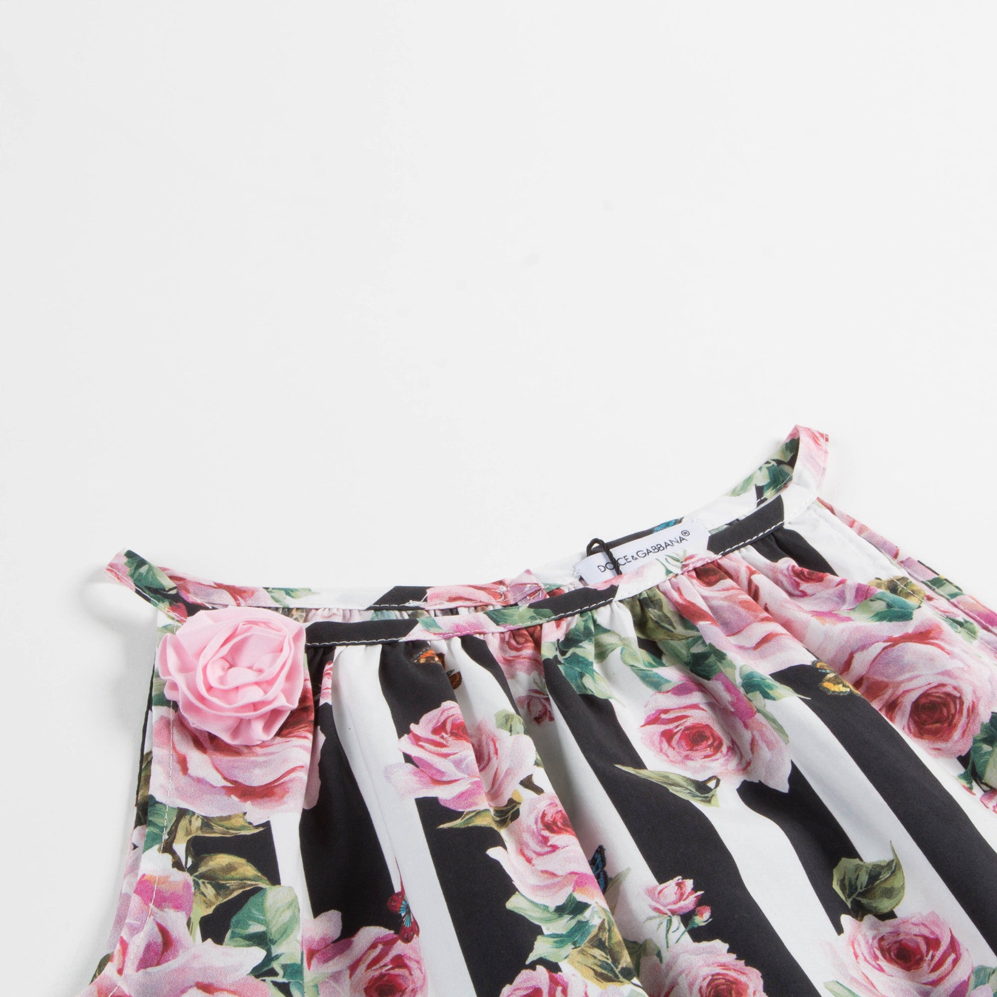 Girls Pink & Black Striped Rose Cotton Dress