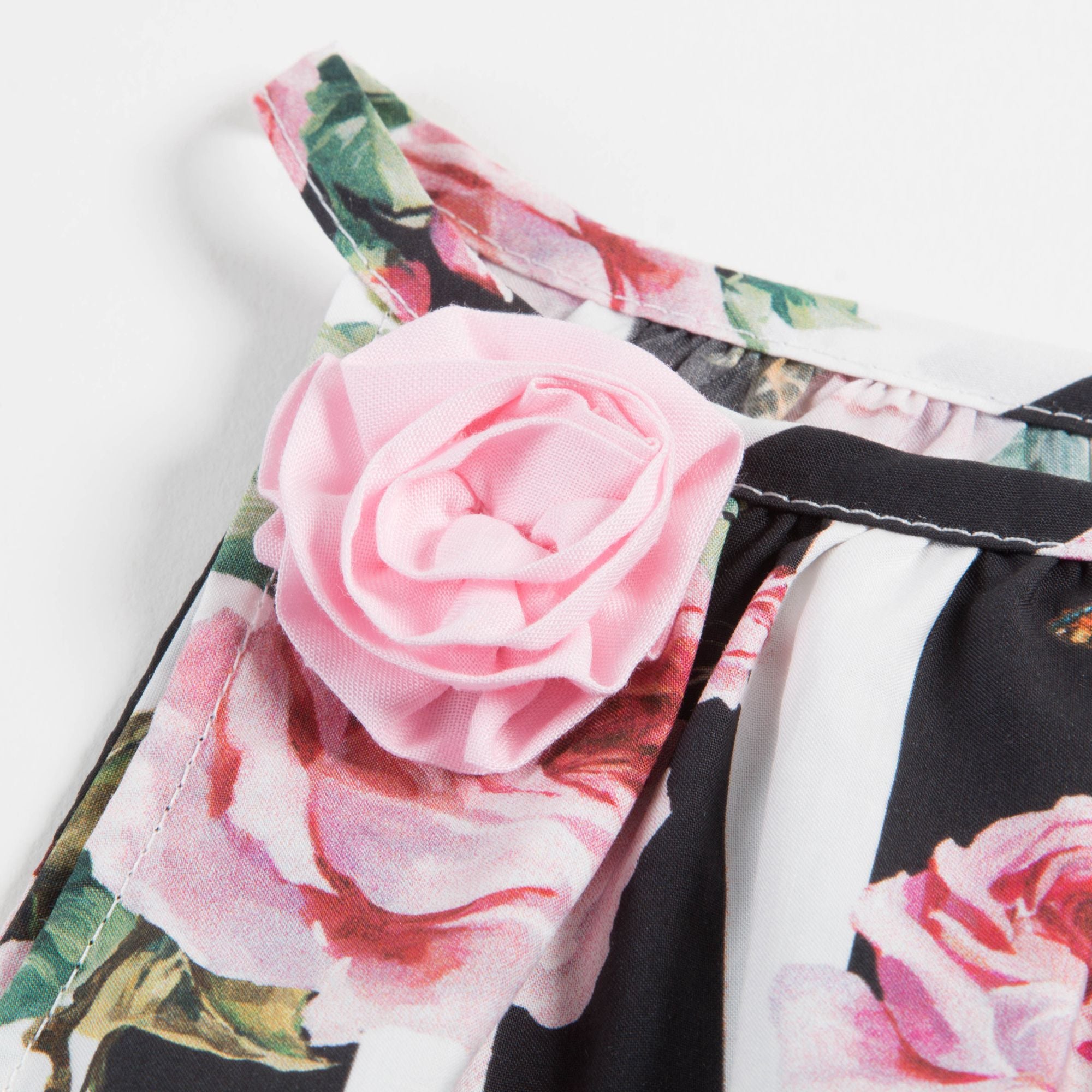 Girls Pink & Black Striped Rose Cotton Dress
