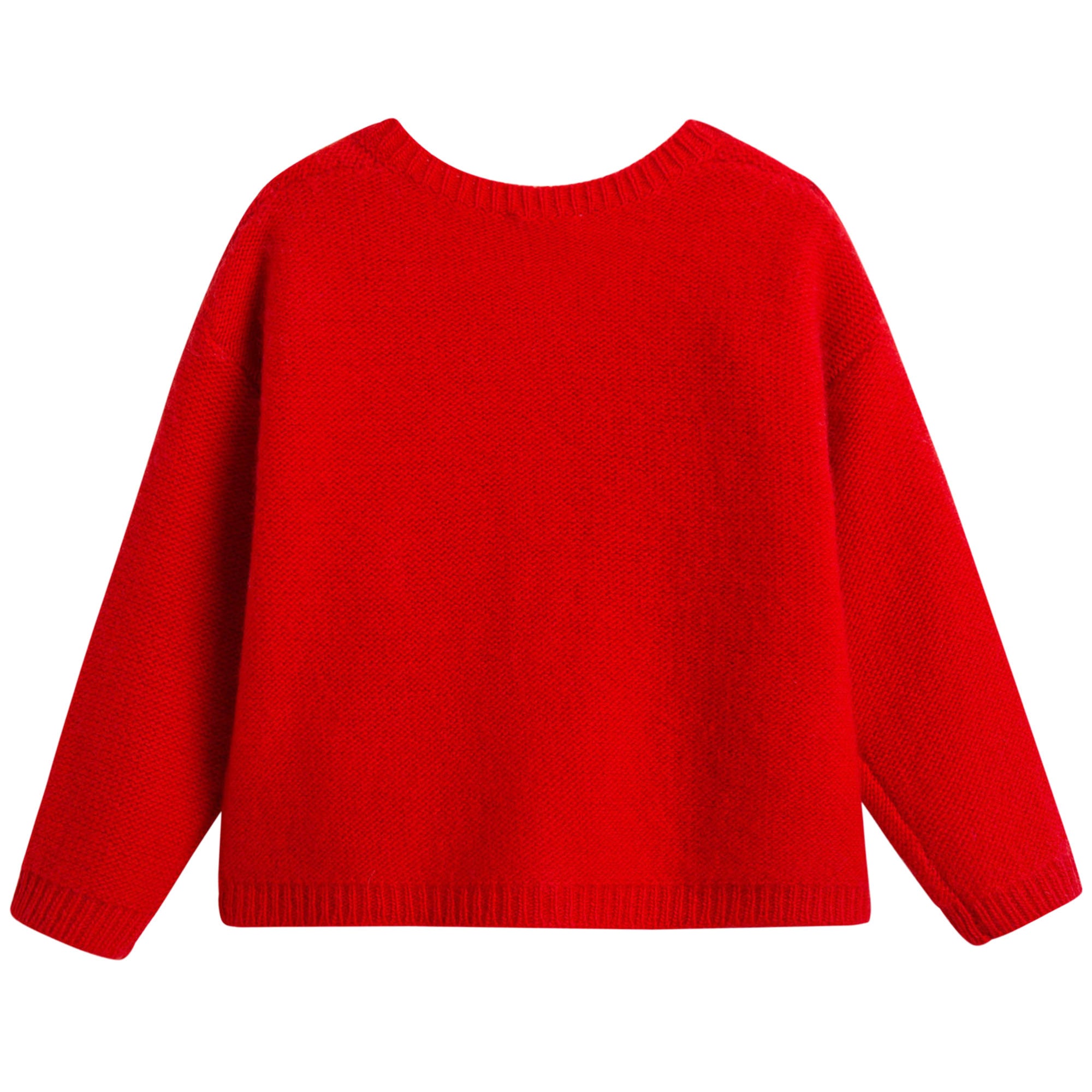 Girls Red Wool Cardigan With Pom-Pom Trims