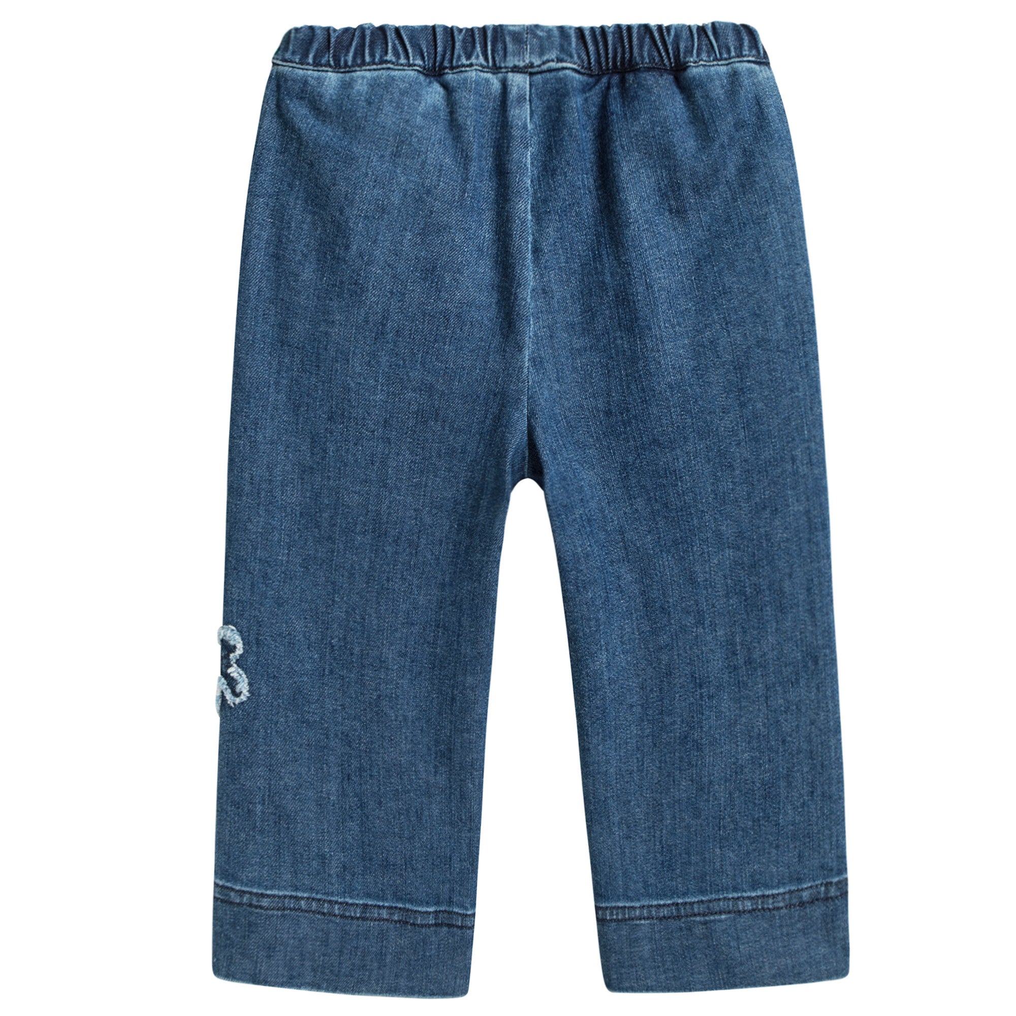 Girls Denim Blue Cotton Jeans With Flowers Trims