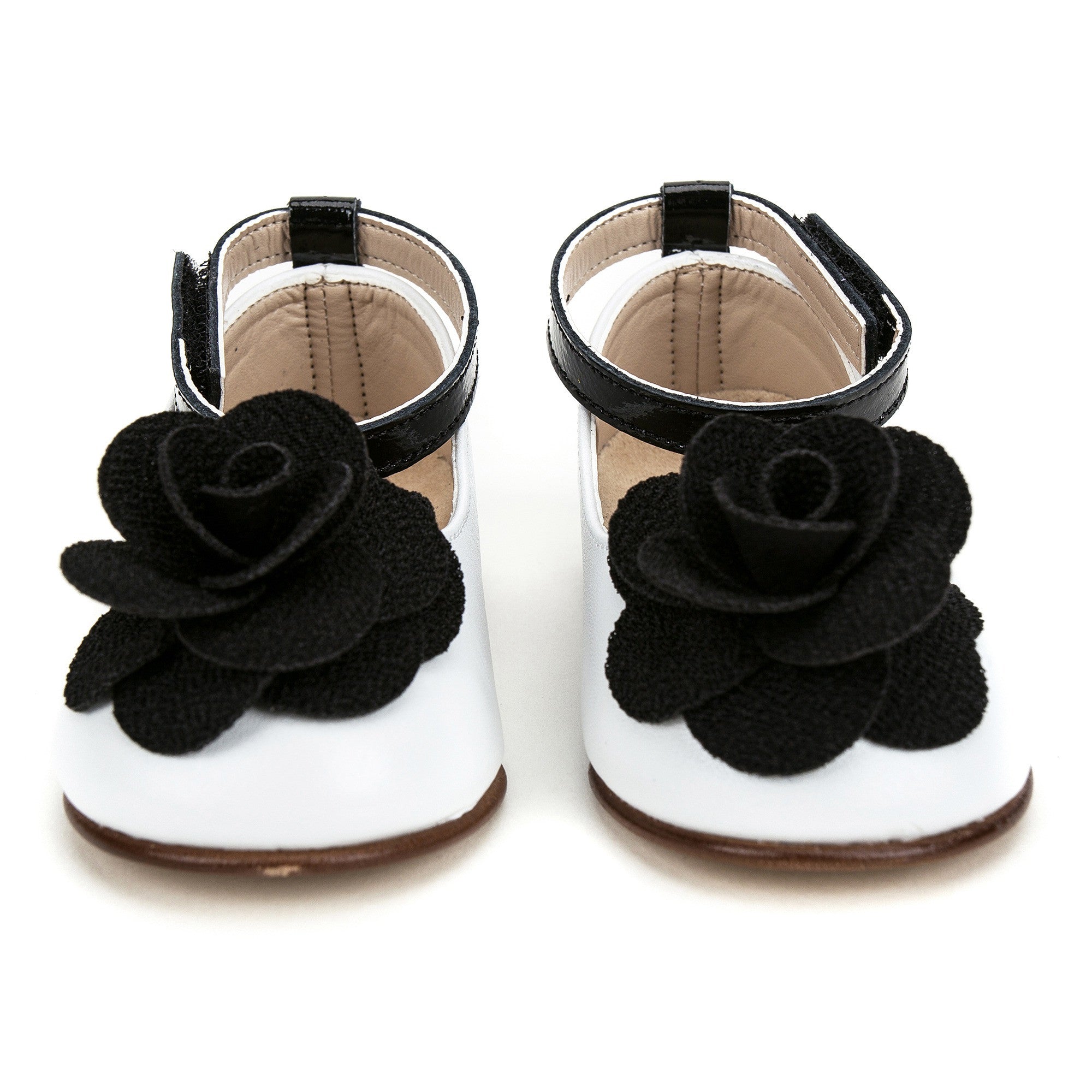 Girls White Suede Ballerinas With Black Patch Camelia Flower Embellished